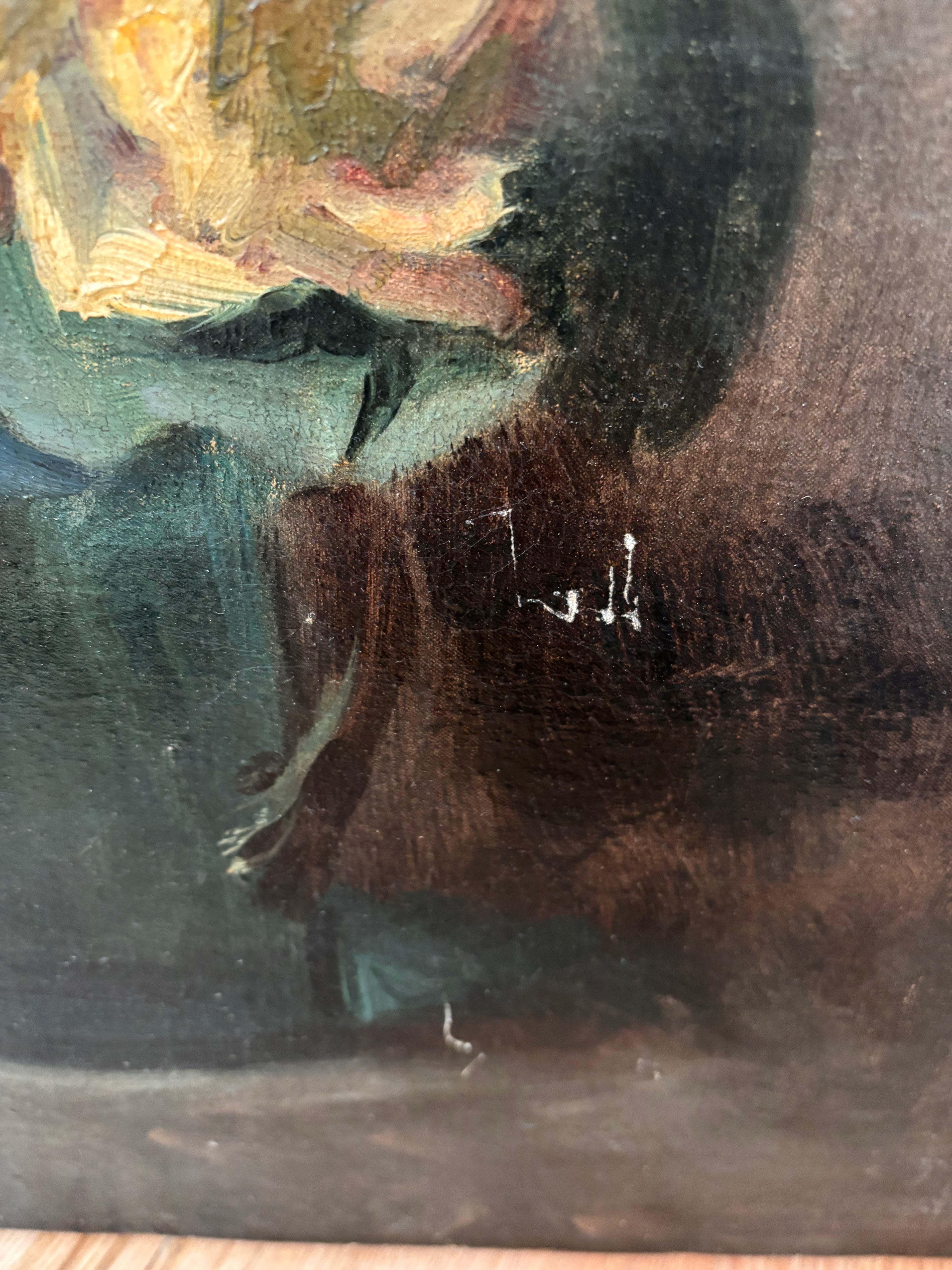 Antique French Still Life Roses in Vase Oil Painting on Canvas, c. 1880s