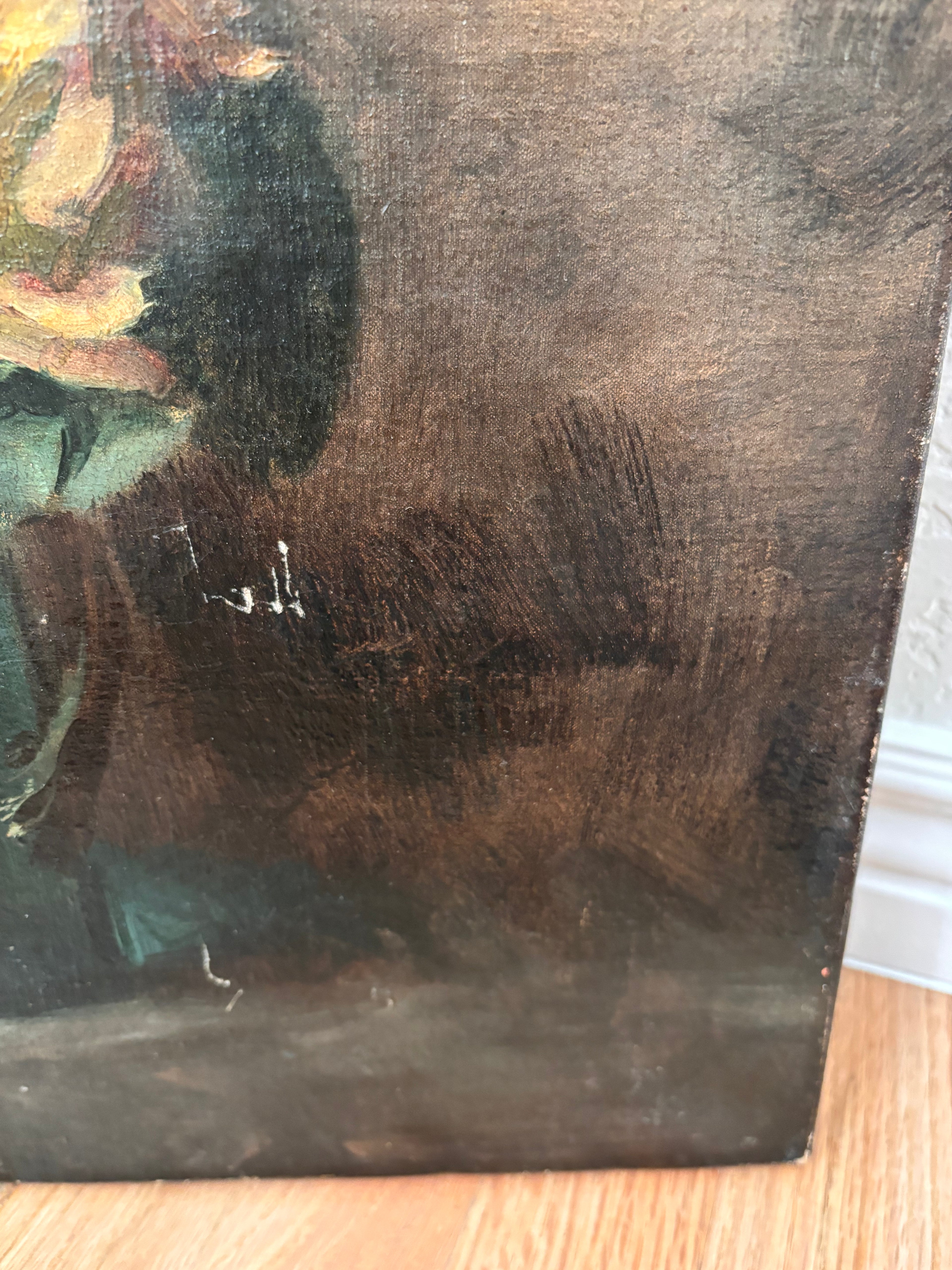 Antique French Still Life Roses in Vase Oil Painting on Canvas, c. 1880s