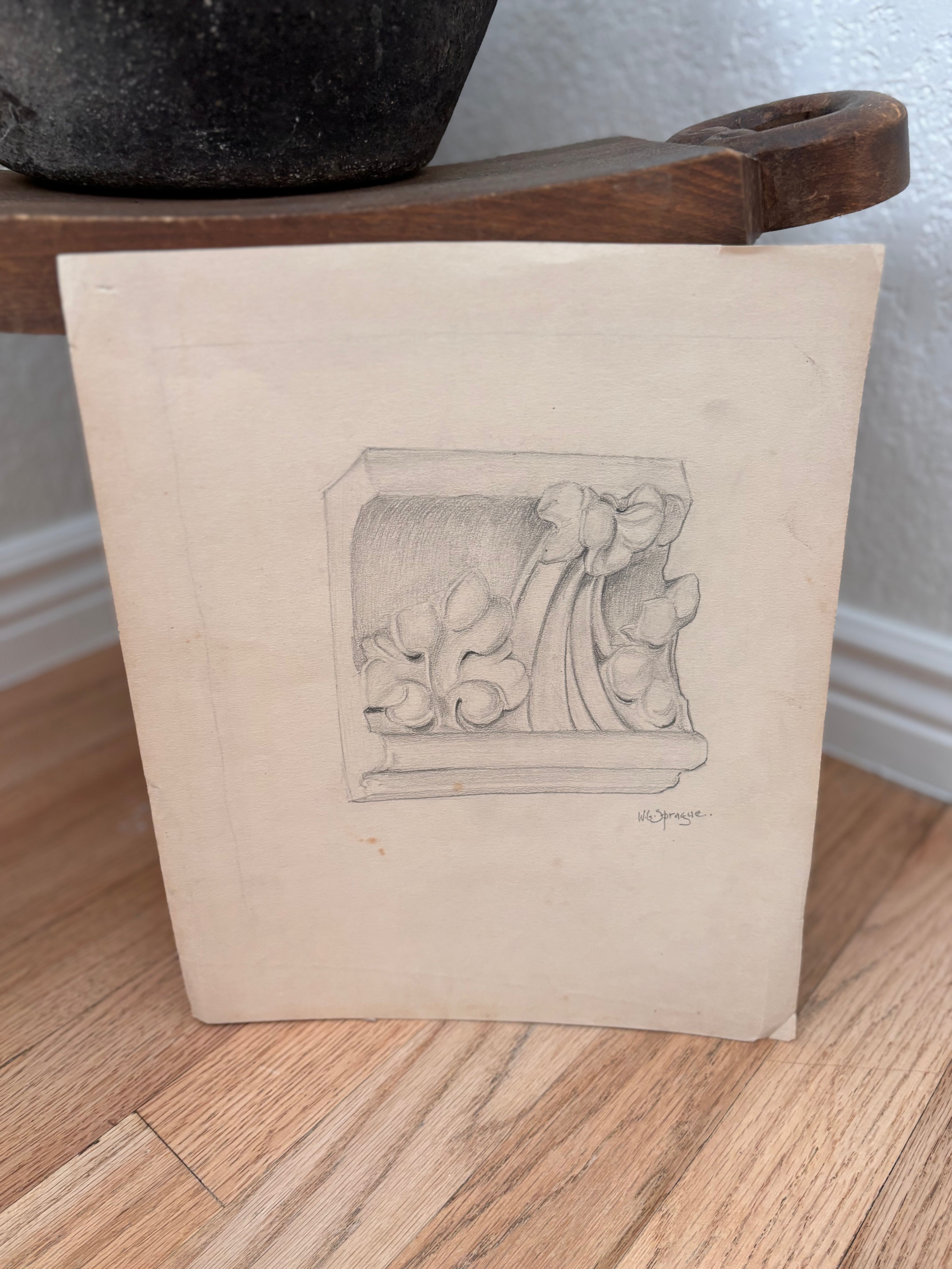 Vintage French Architectural Cornice Study Drawing, c.1910