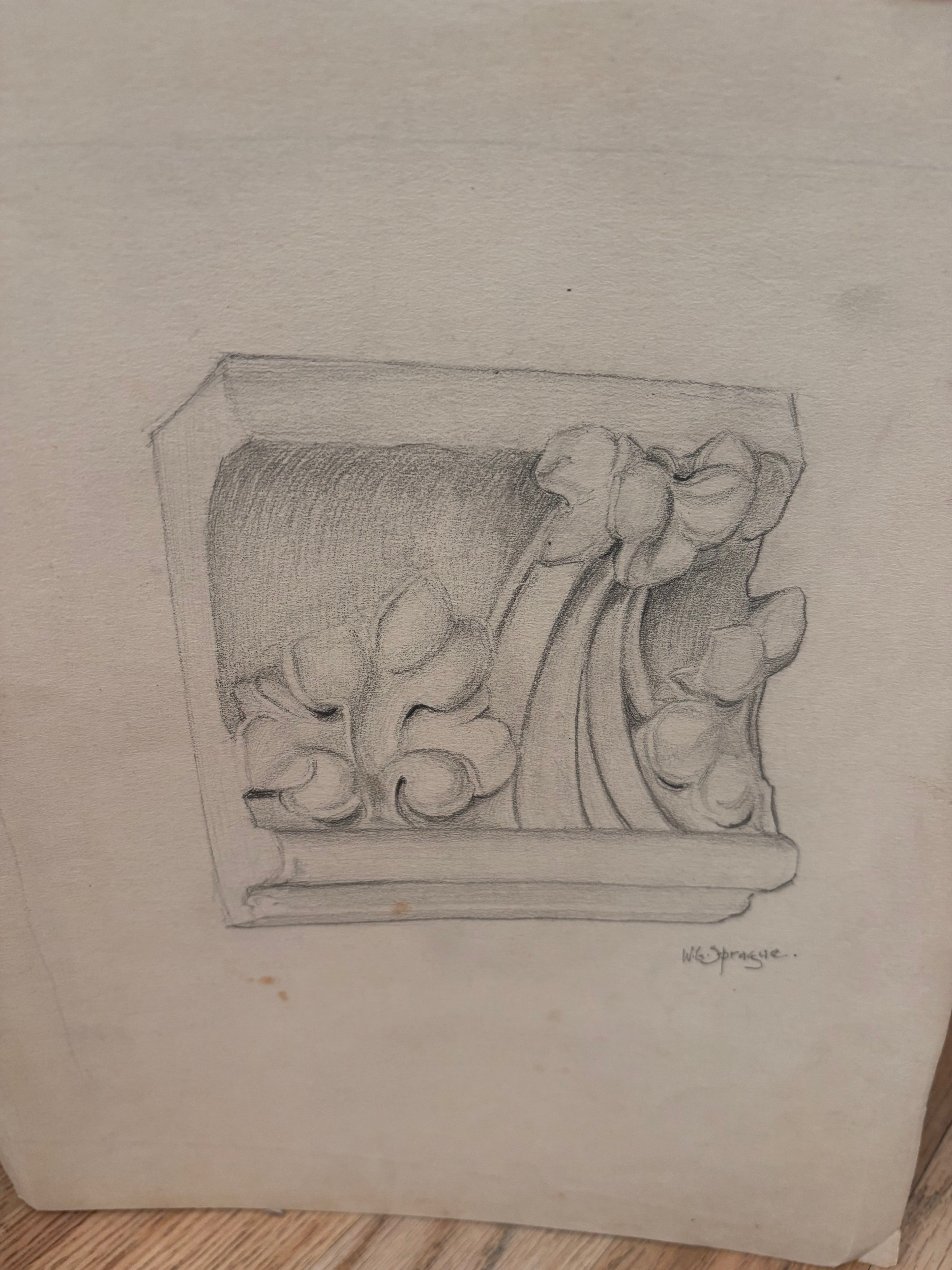 Vintage French Architectural Cornice Study Drawing, c.1910