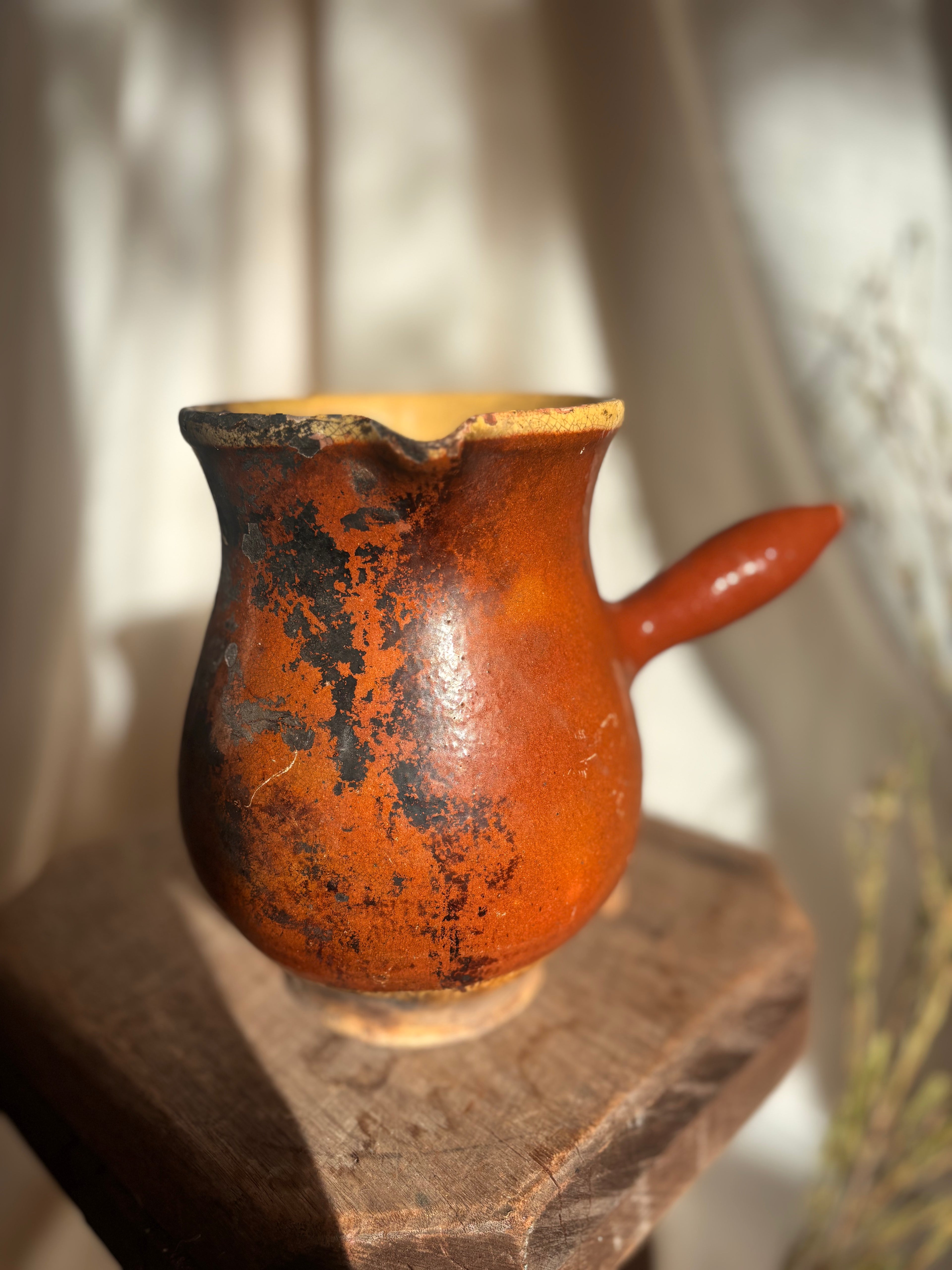 Antique French Yellow Glazed Terracotta Cooking Vessel with Carbon Marking
