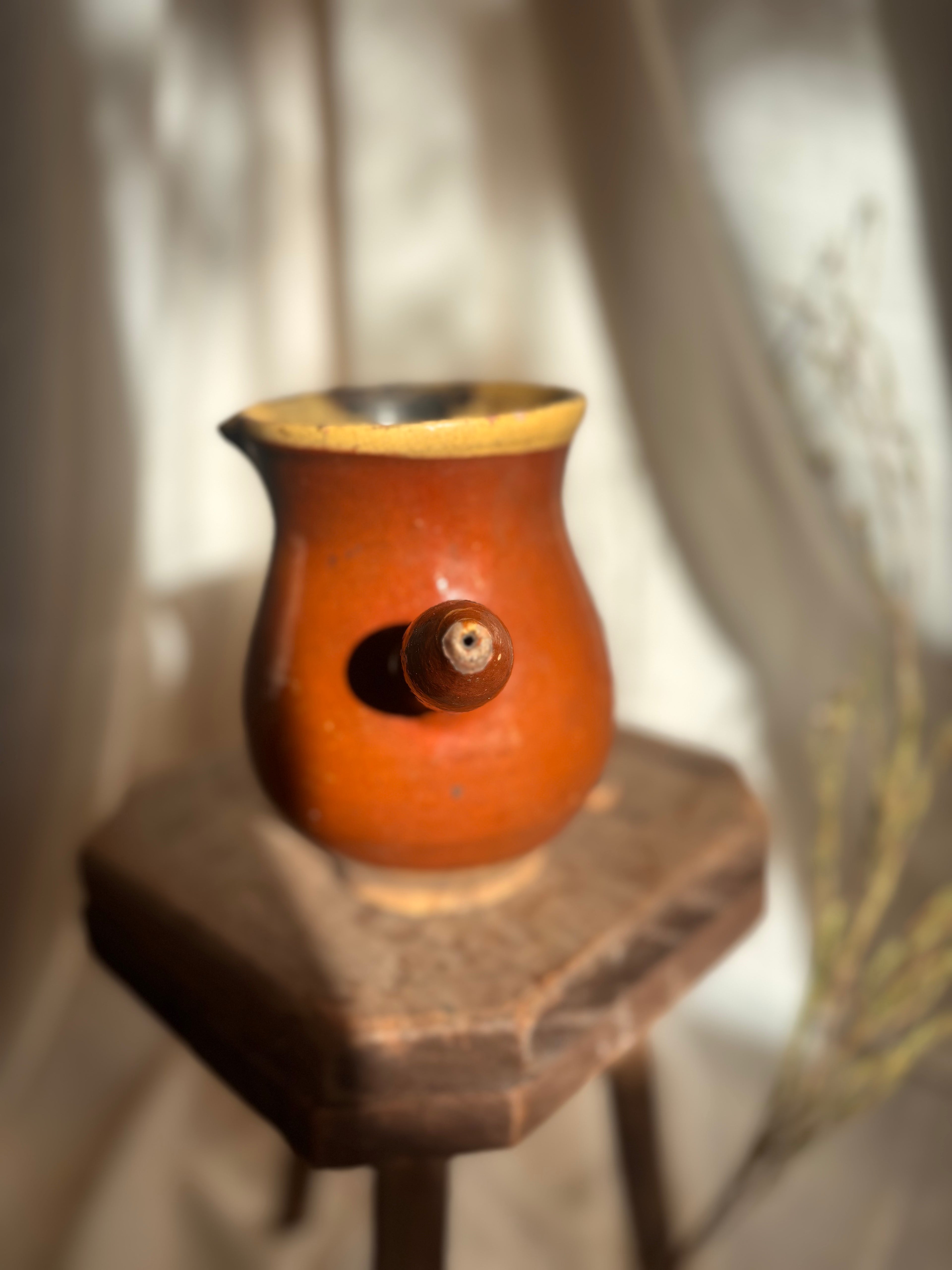 Antique French Yellow Glazed Terracotta Cooking Vessel with Carbon Marking