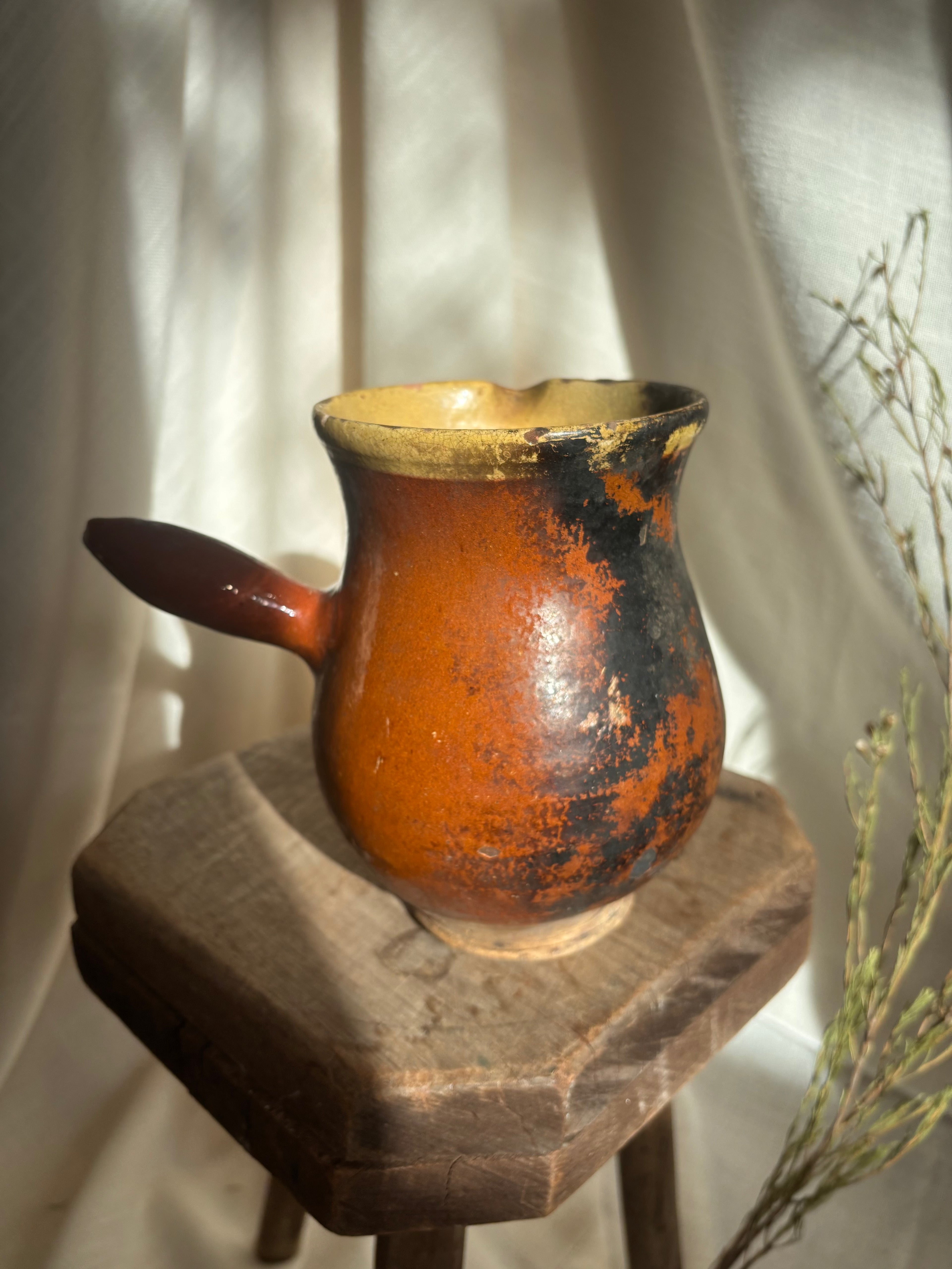 Antique French Yellow Glazed Terracotta Cooking Vessel with Carbon Marking