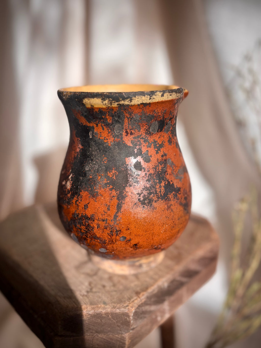 Antique French Yellow Glazed Terracotta Cooking Vessel with Carbon Marking