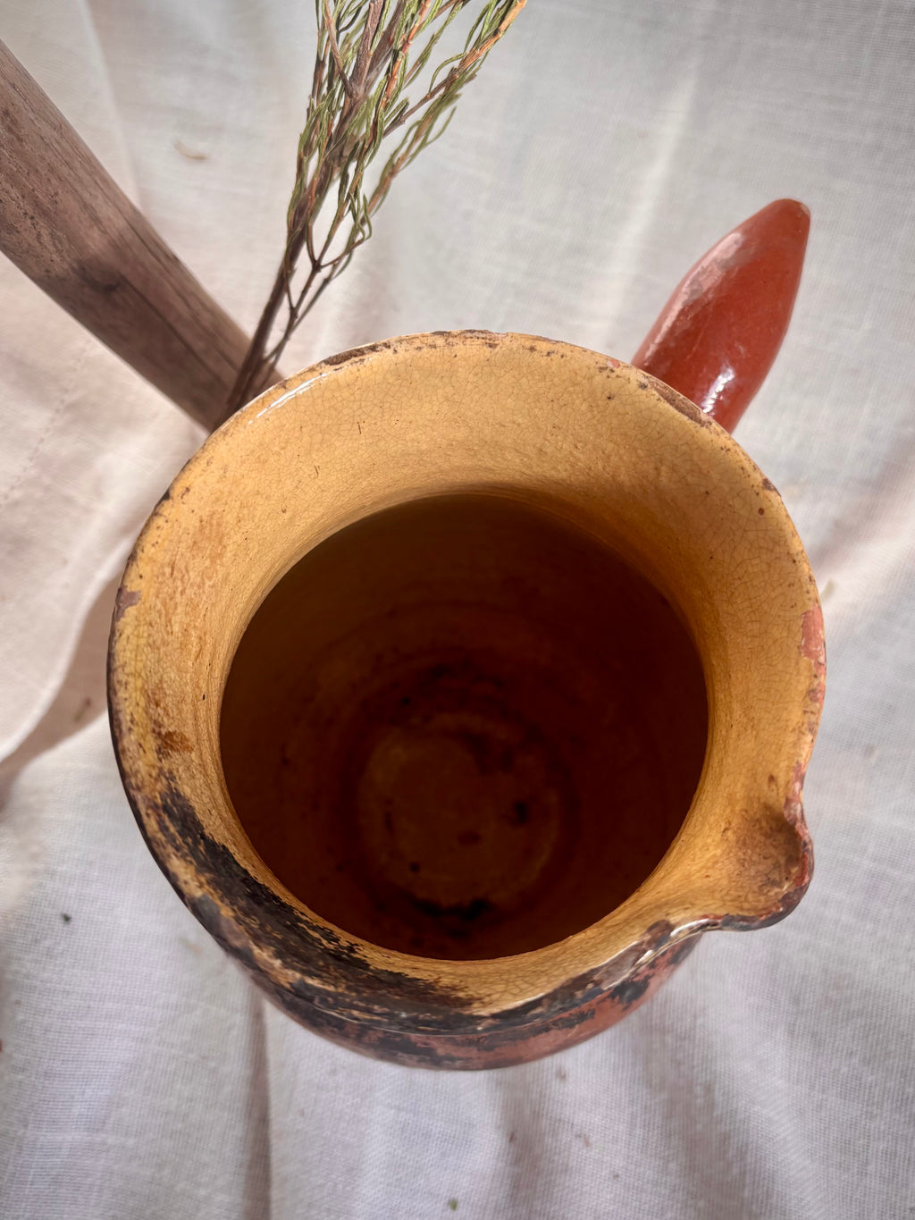 Antique French Yellow Glazed Terracotta Cooking Vessel with Carbon Marking