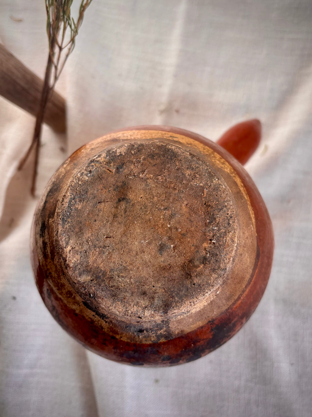 Antique French Yellow Glazed Terracotta Cooking Vessel with Carbon Marking