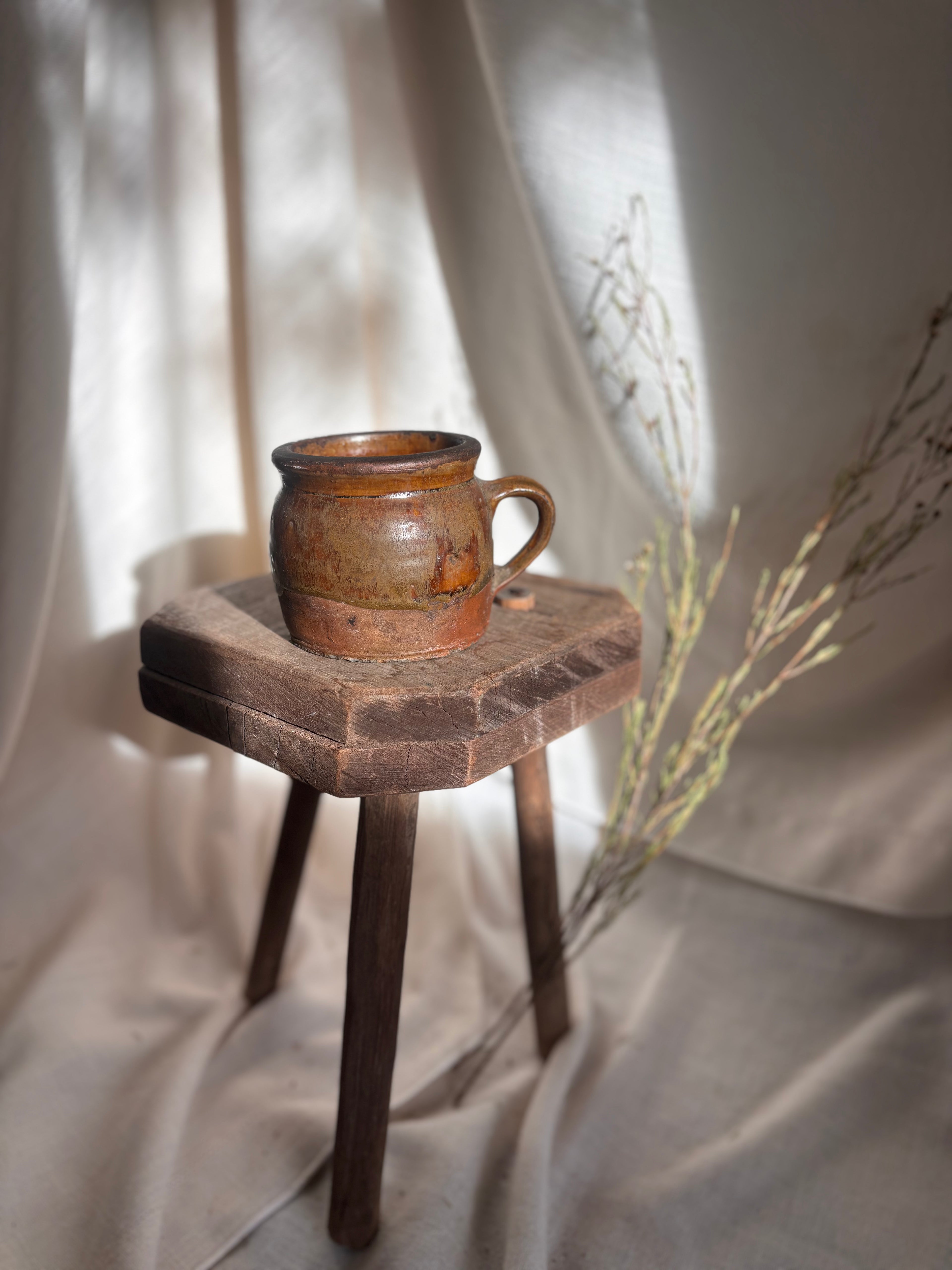 Antique French Single-Handled Confit Pot with Green Glaze