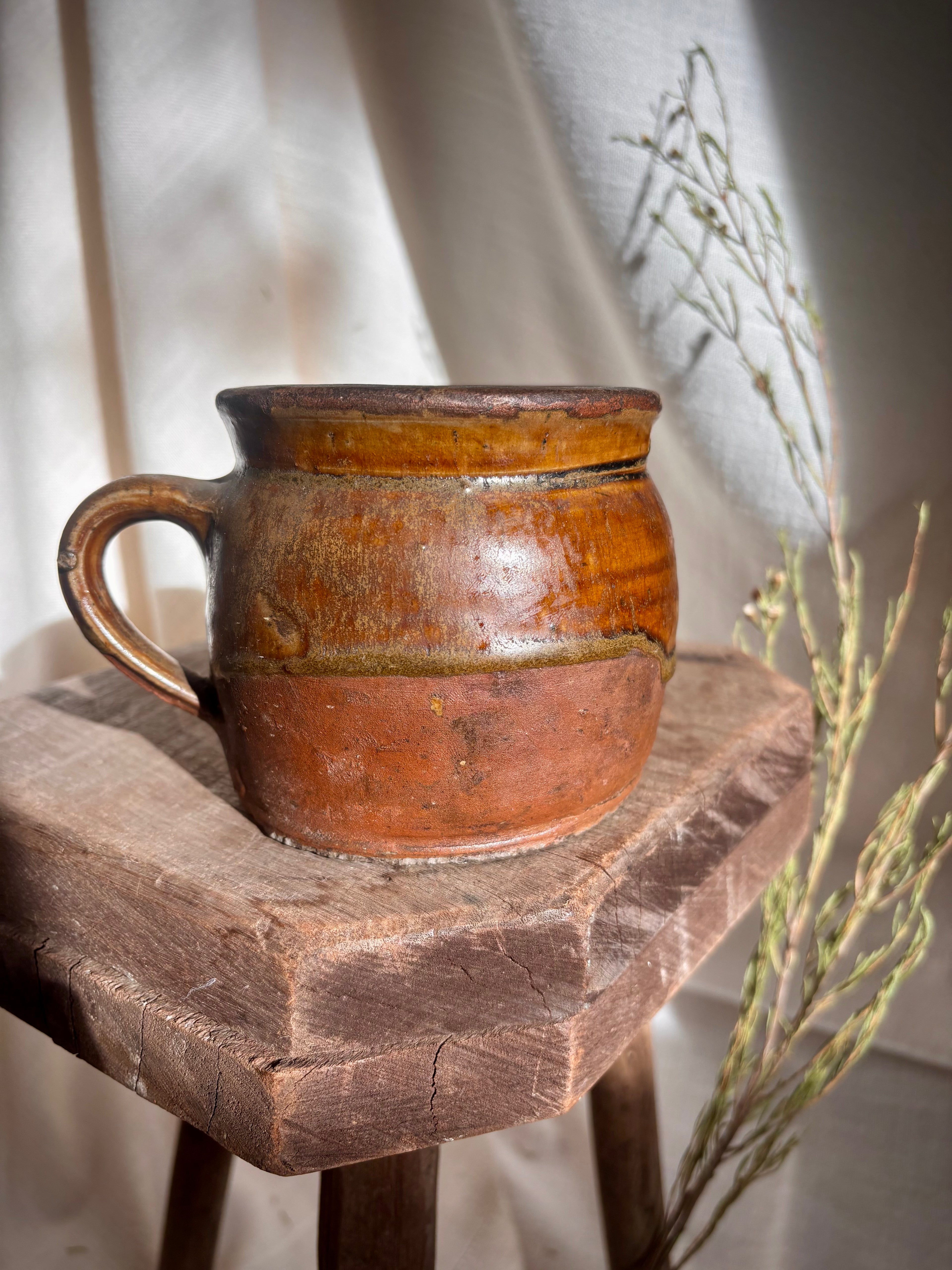Antique French Single-Handled Confit Pot with Green Glaze