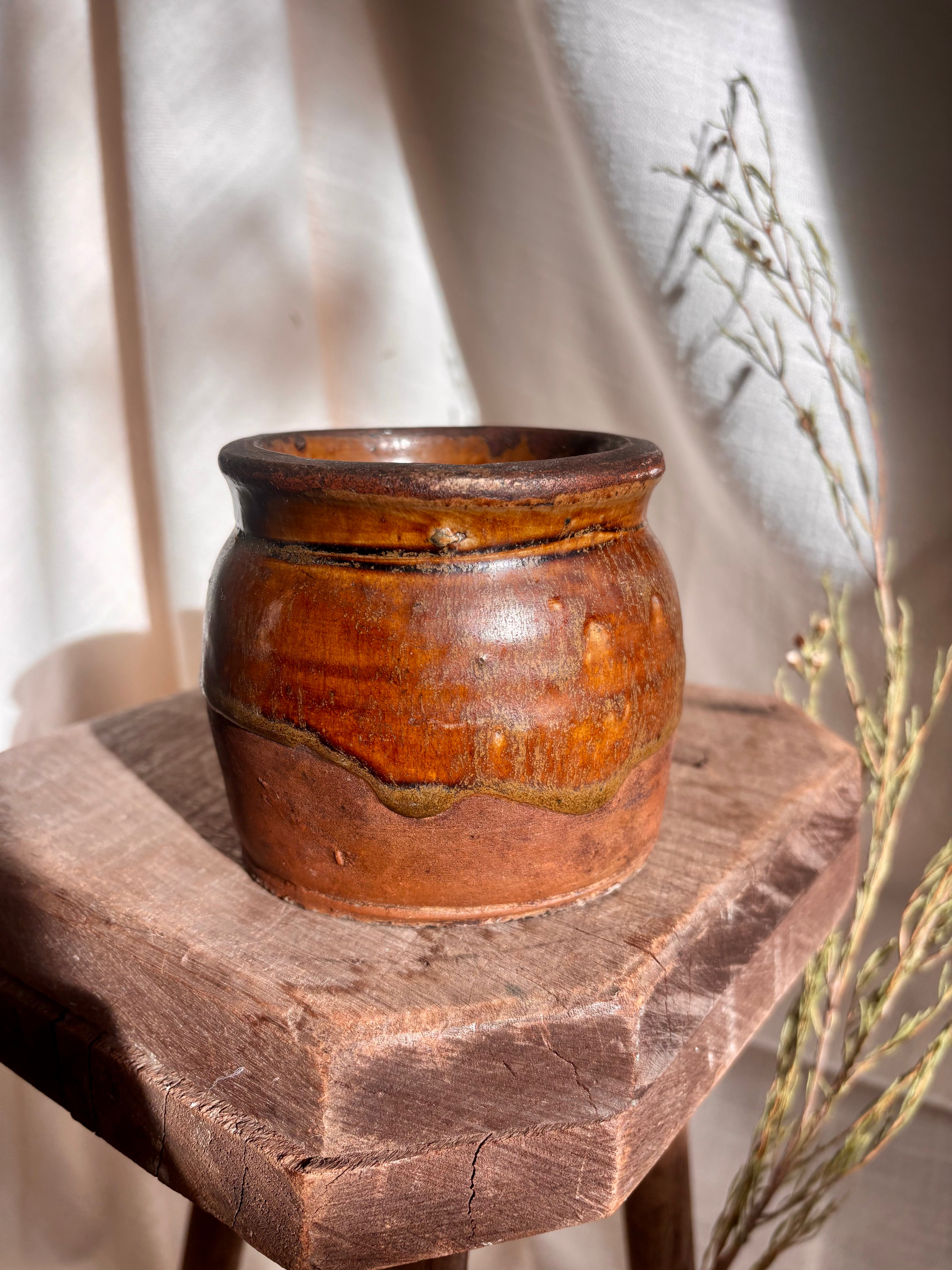 Antique French Single-Handled Confit Pot with Green Glaze