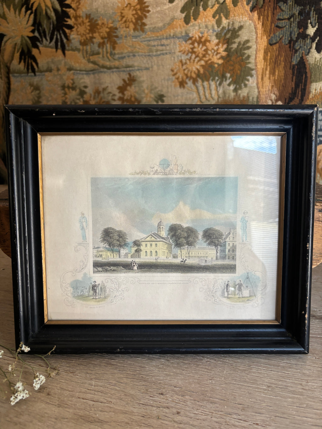 Antique 1834 Hand-Colored Harvard University Engraving