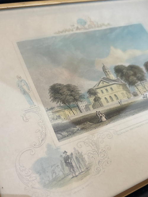 Antique 1834 Hand-Colored Harvard University Engraving