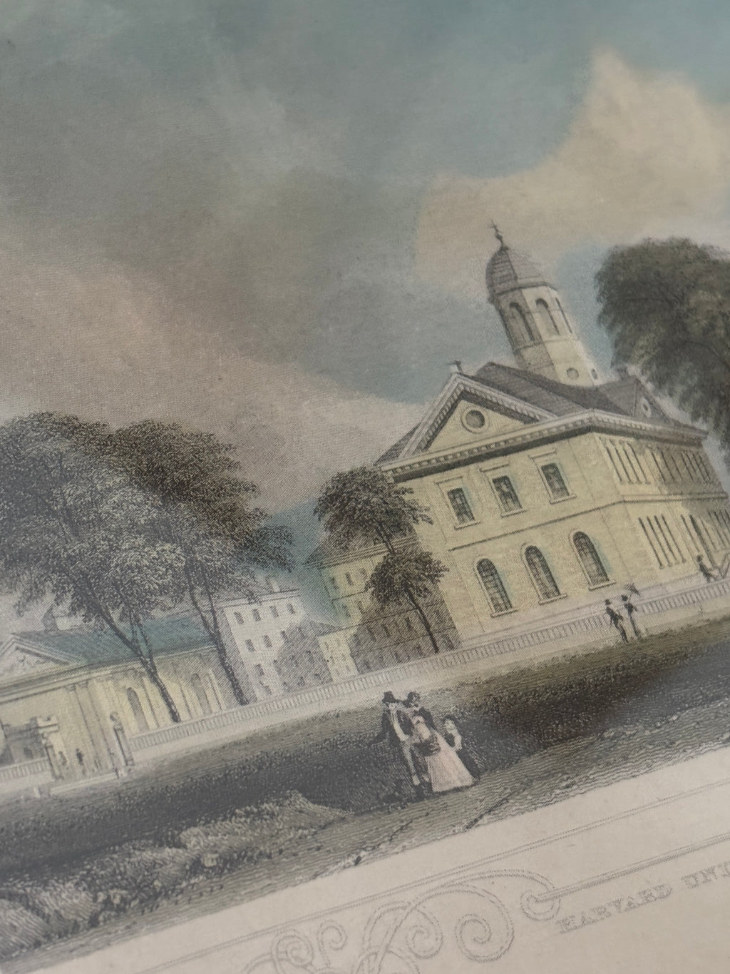 Antique 1834 Hand-Colored Harvard University Engraving