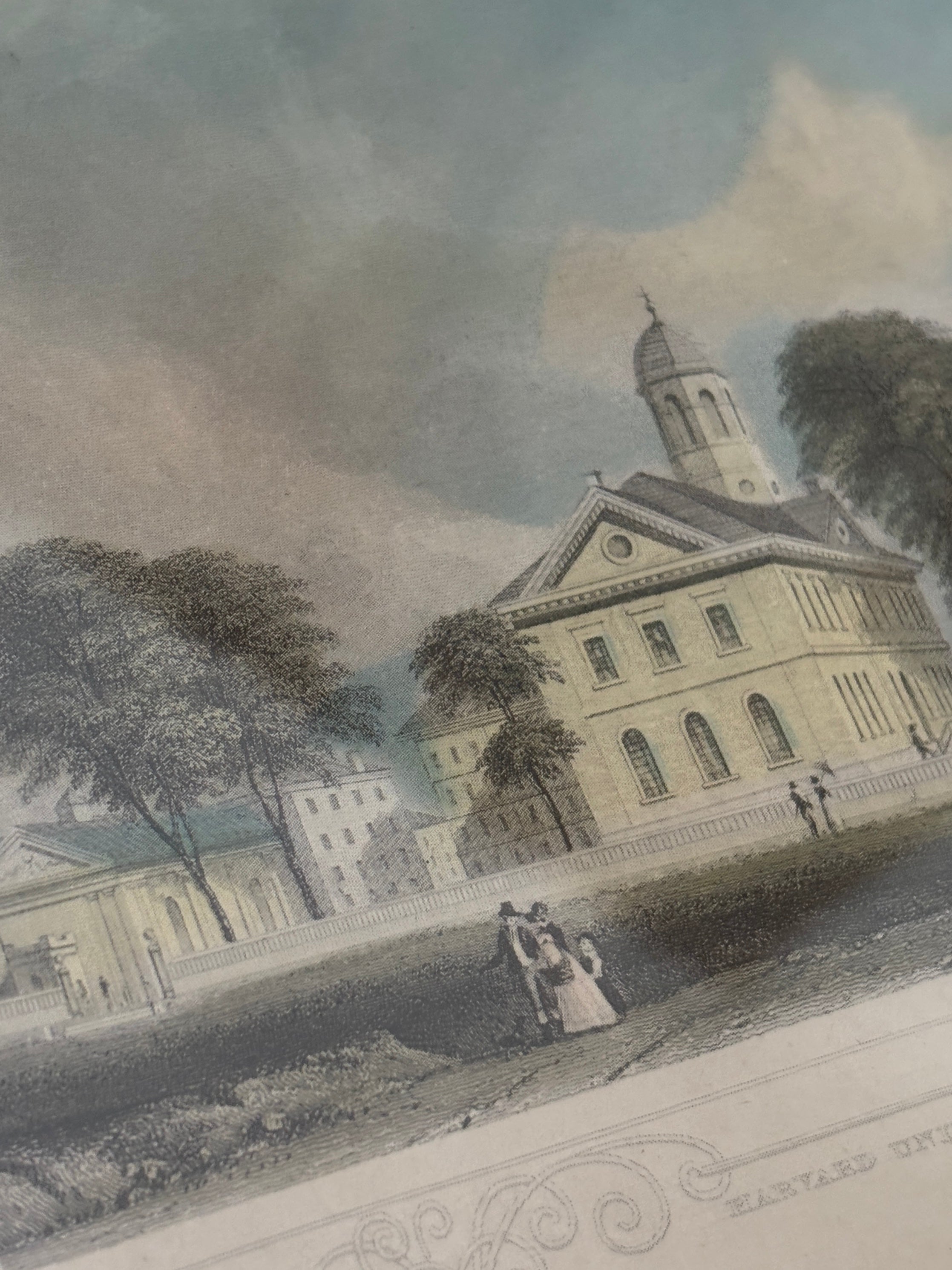 Antique 1834 Hand-Colored Harvard University Engraving