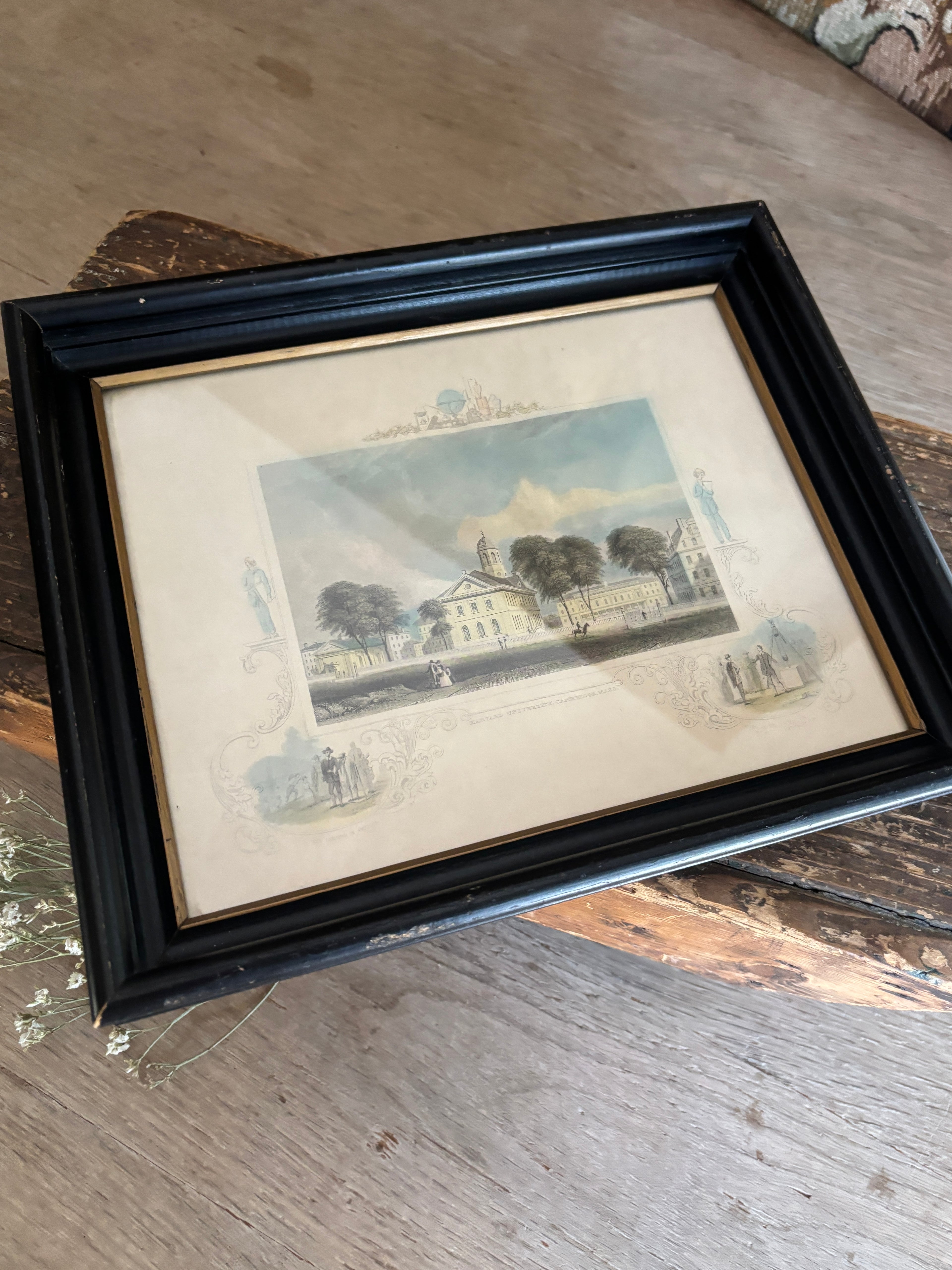 Antique 1834 Hand-Colored Harvard University Engraving