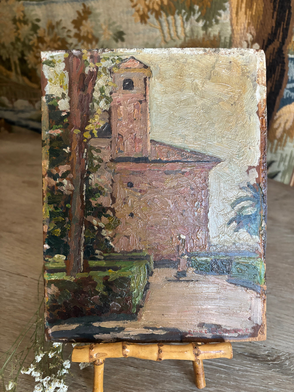 Antique French Impasto Oil Painting on Wood Panel