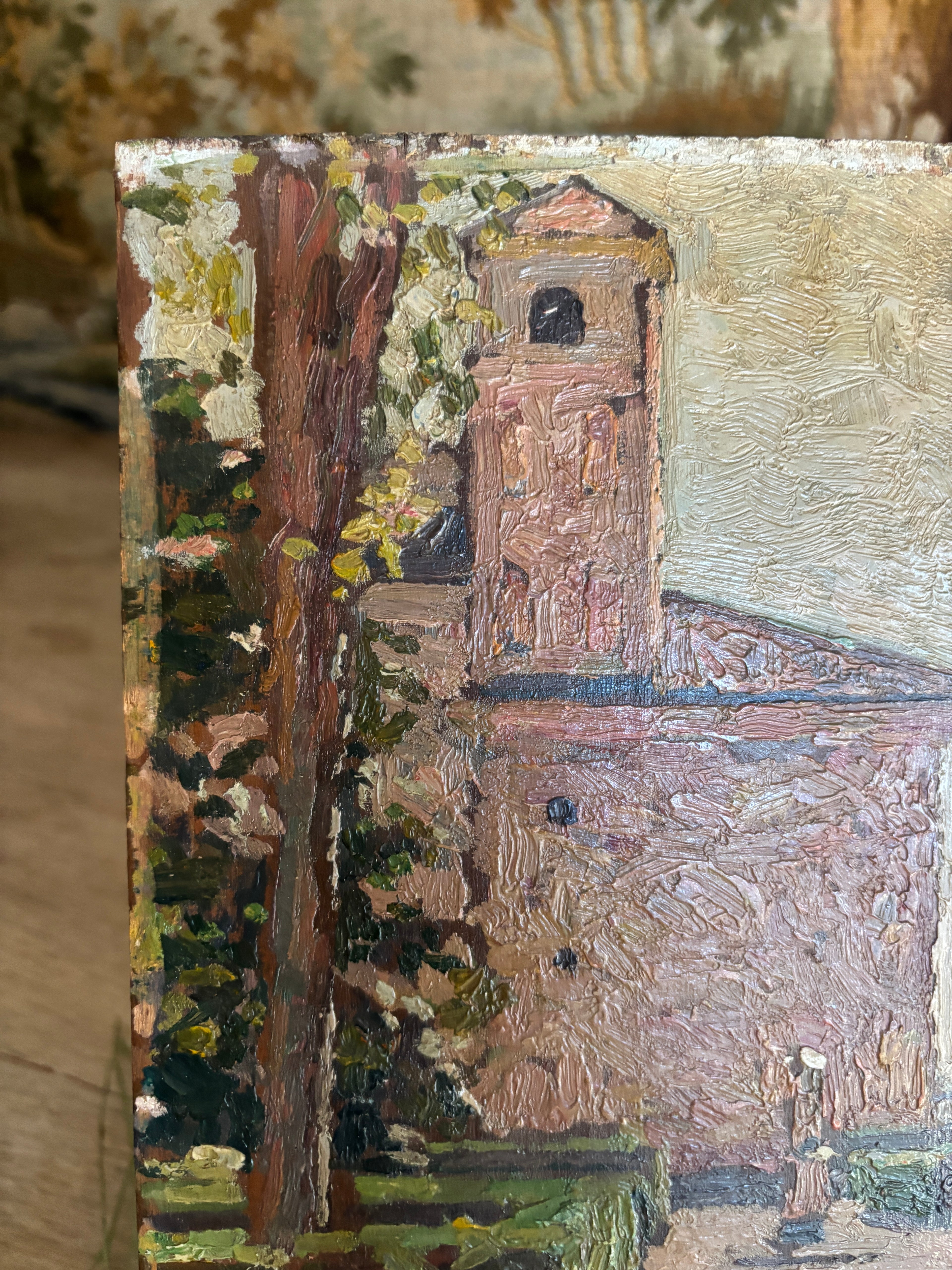 Antique French Impasto Oil Painting on Wood Panel