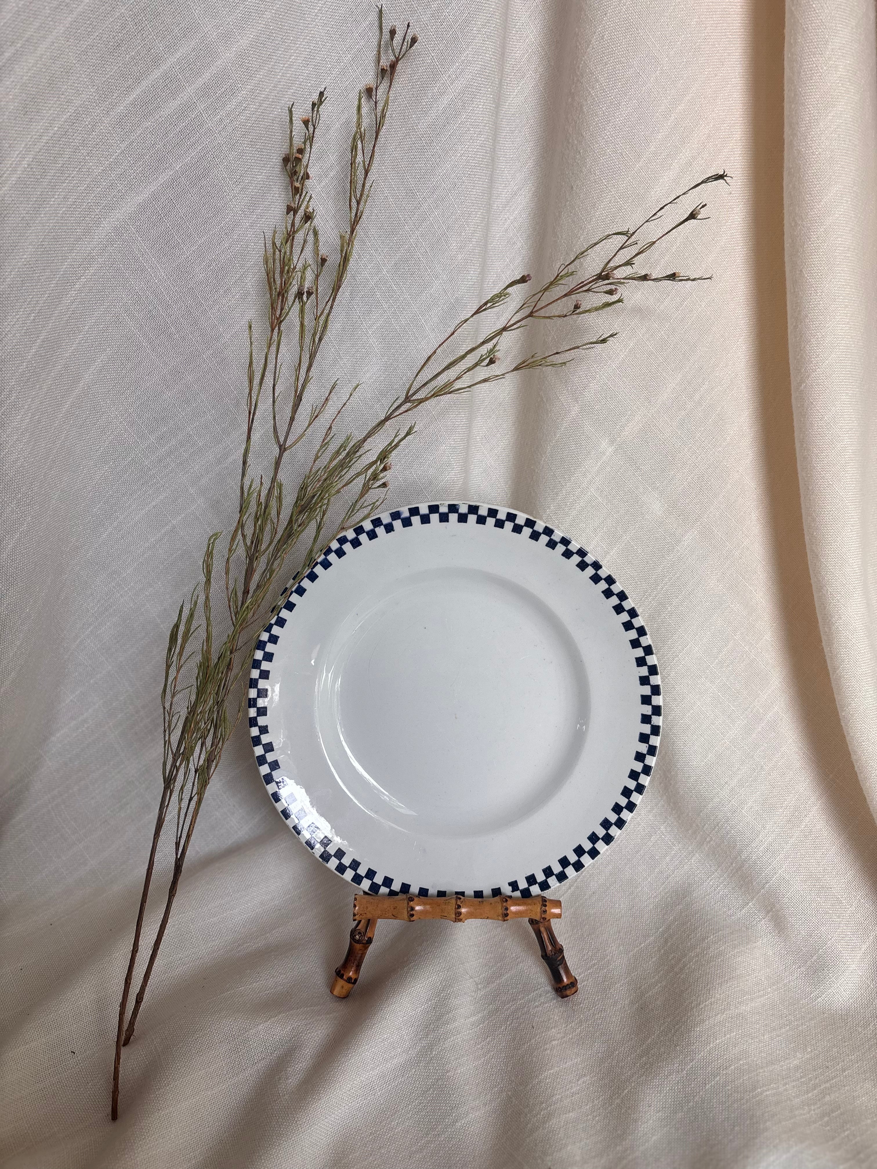 Set of Six Antique St. Amand “Damier” Transferware Dinner Plates