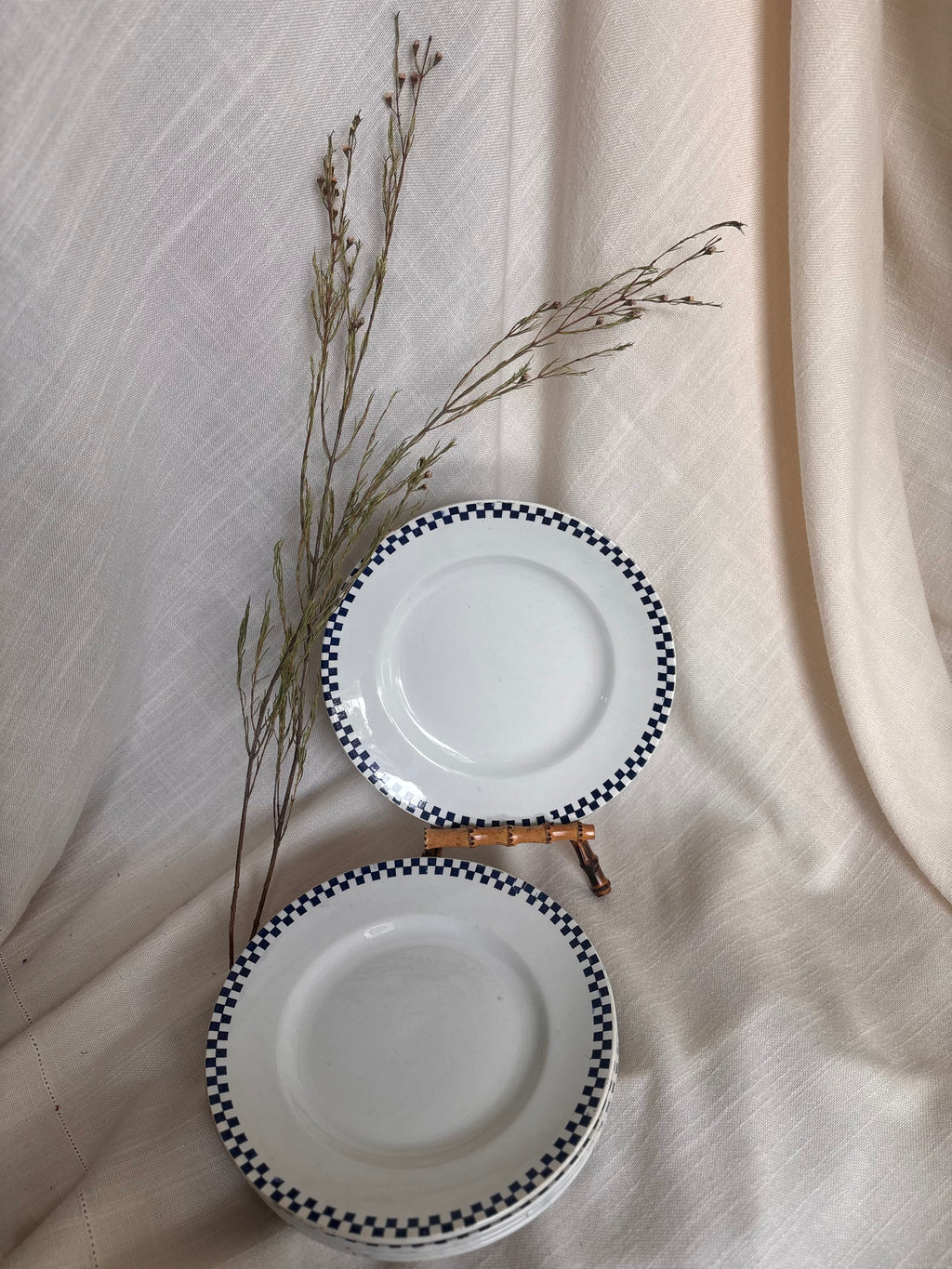 Set of Six Antique St. Amand “Damier” Transferware Dinner Plates