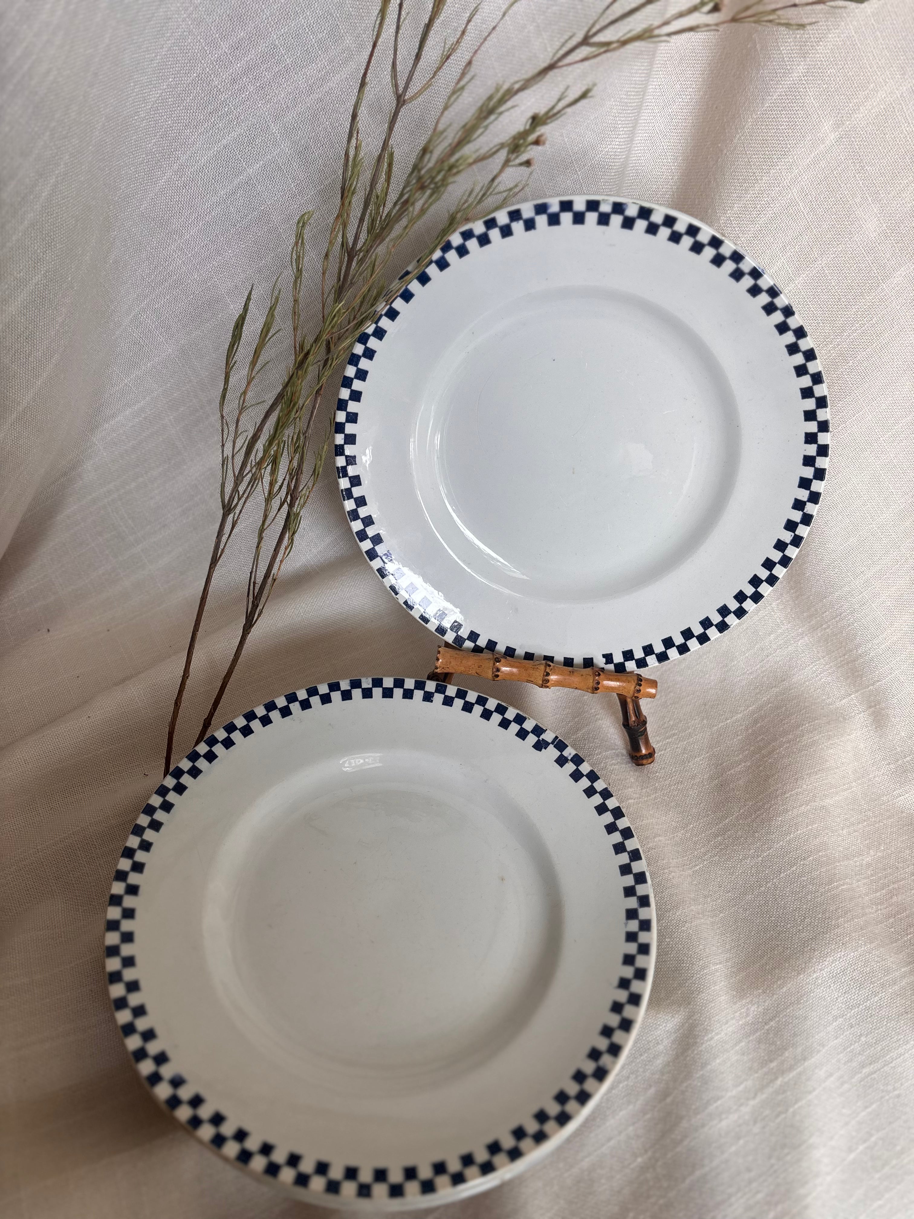 Set of Six Antique St. Amand “Damier” Transferware Dinner Plates