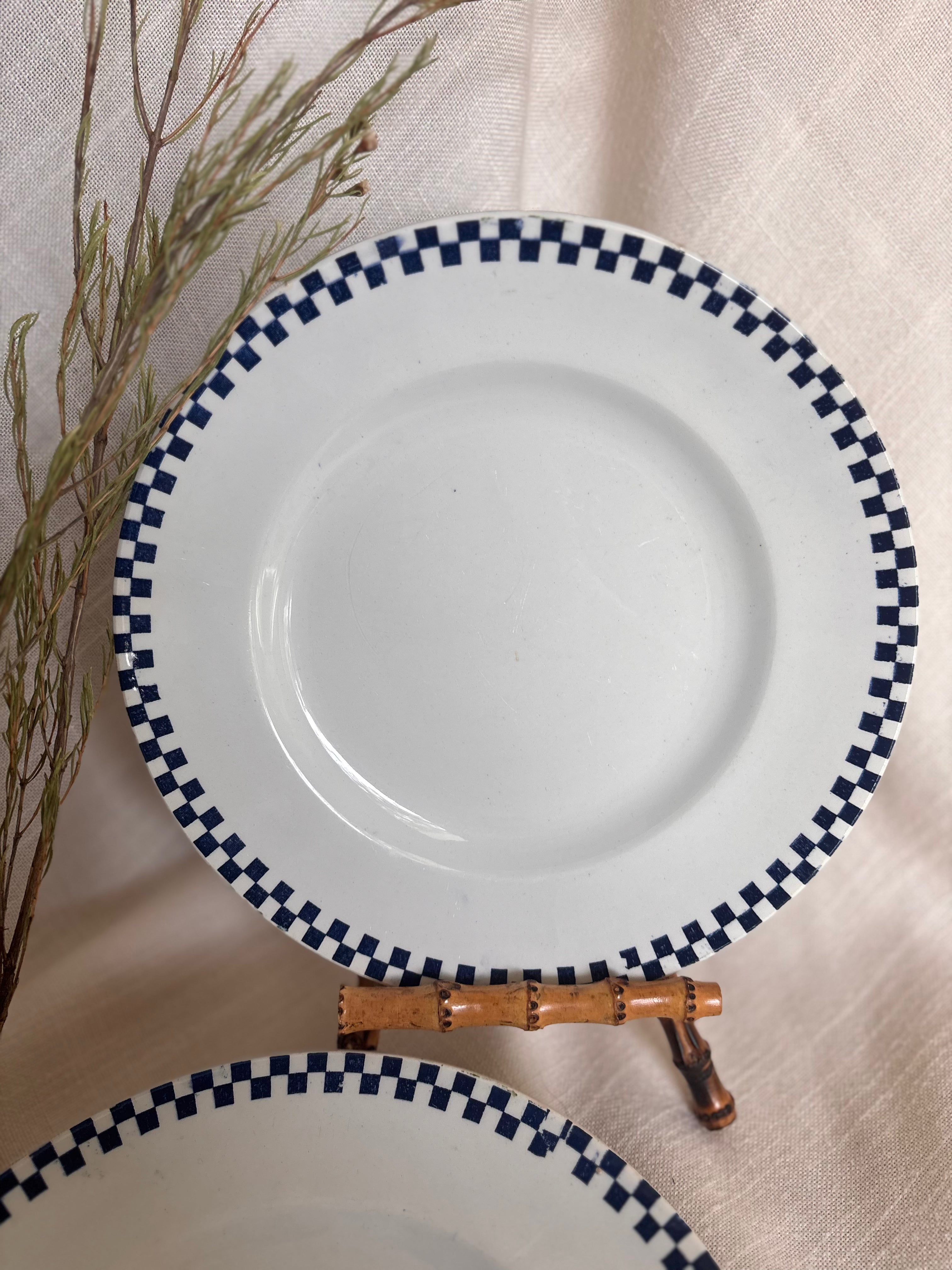 Set of Six Antique St. Amand “Damier” Transferware Dinner Plates