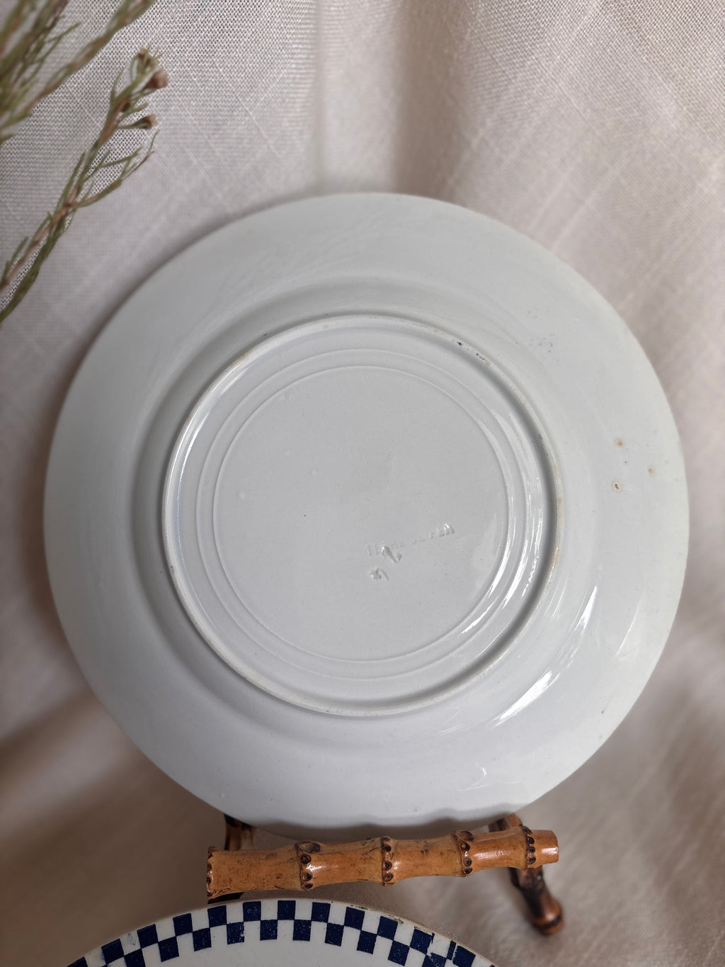 Set of Six Antique St. Amand “Damier” Transferware Dinner Plates