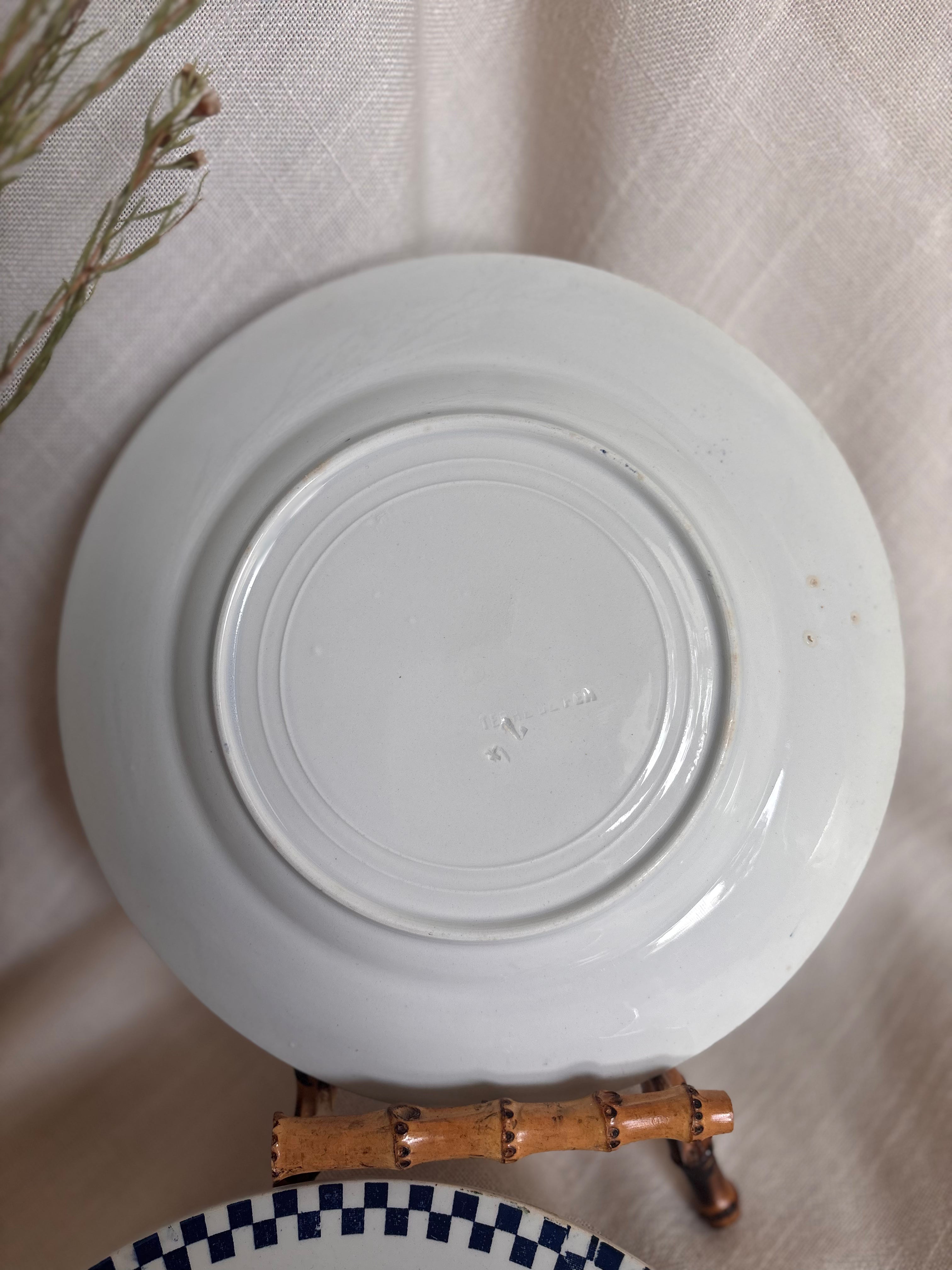 Set of Six Antique St. Amand “Damier” Transferware Dinner Plates