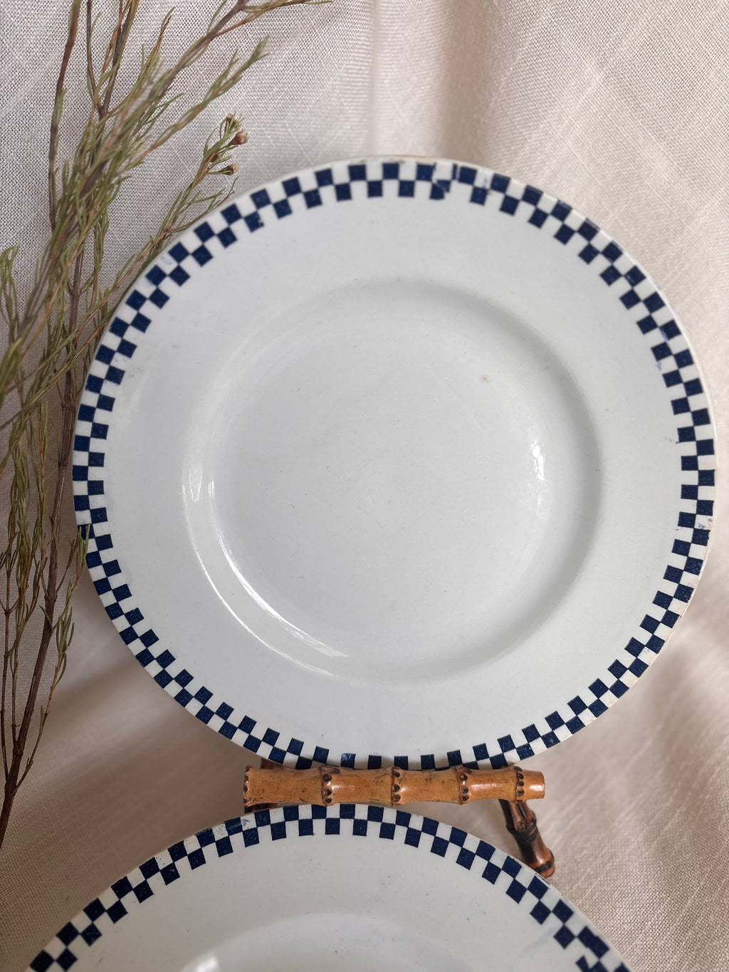 Set of Six Antique St. Amand “Damier” Transferware Dinner Plates