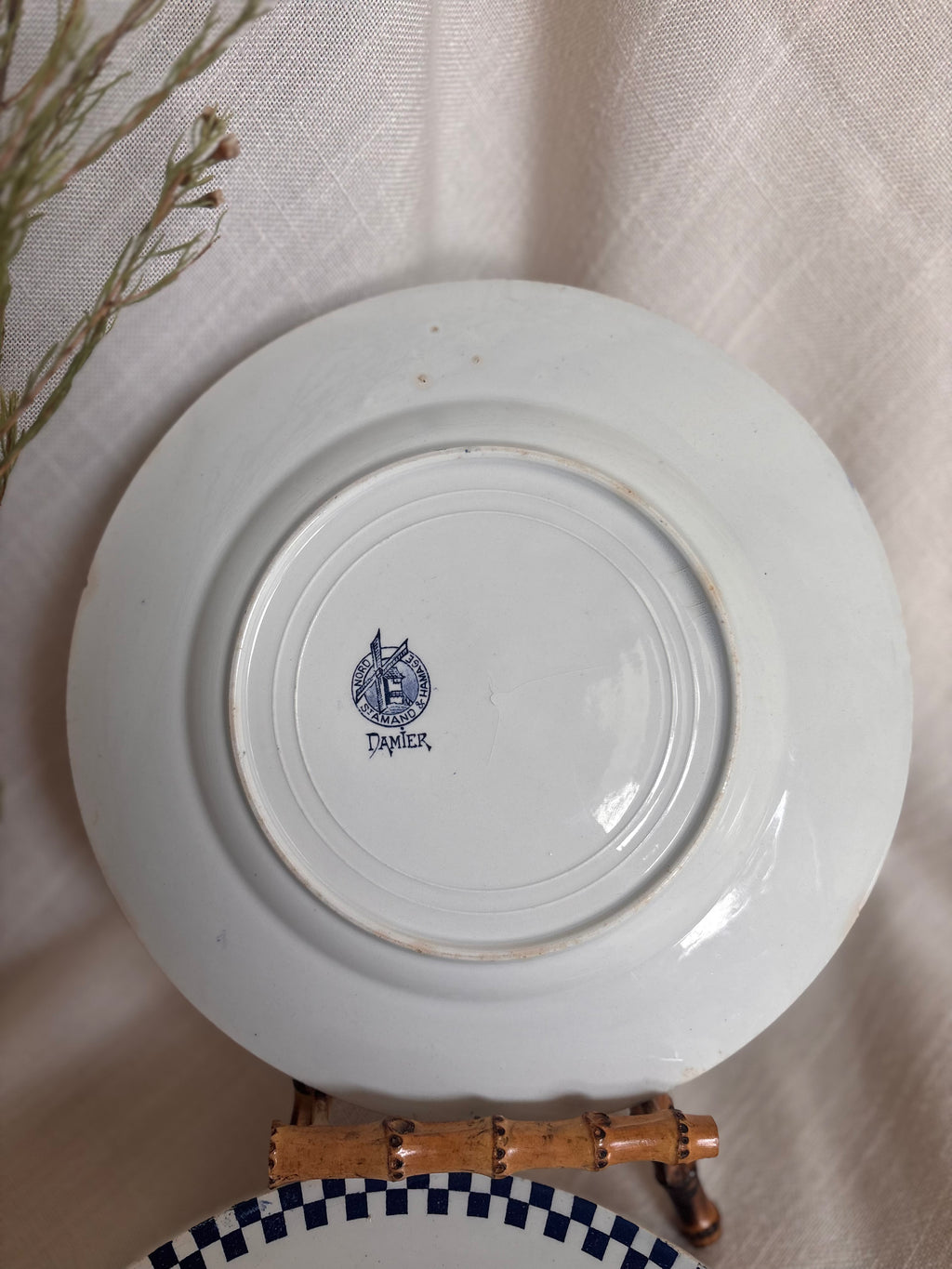Set of Six Antique St. Amand “Damier” Transferware Dinner Plates