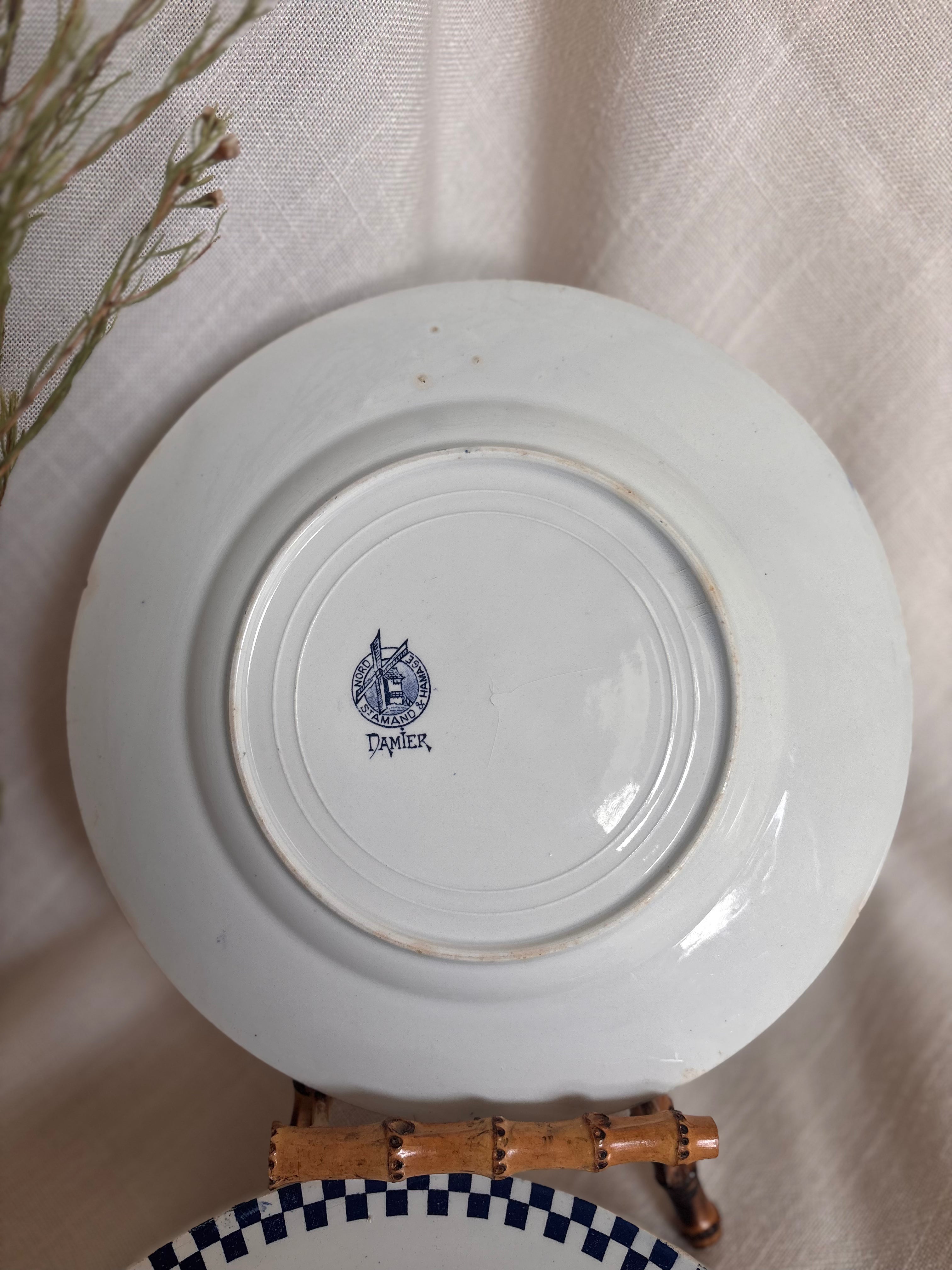 Set of Six Antique St. Amand “Damier” Transferware Dinner Plates