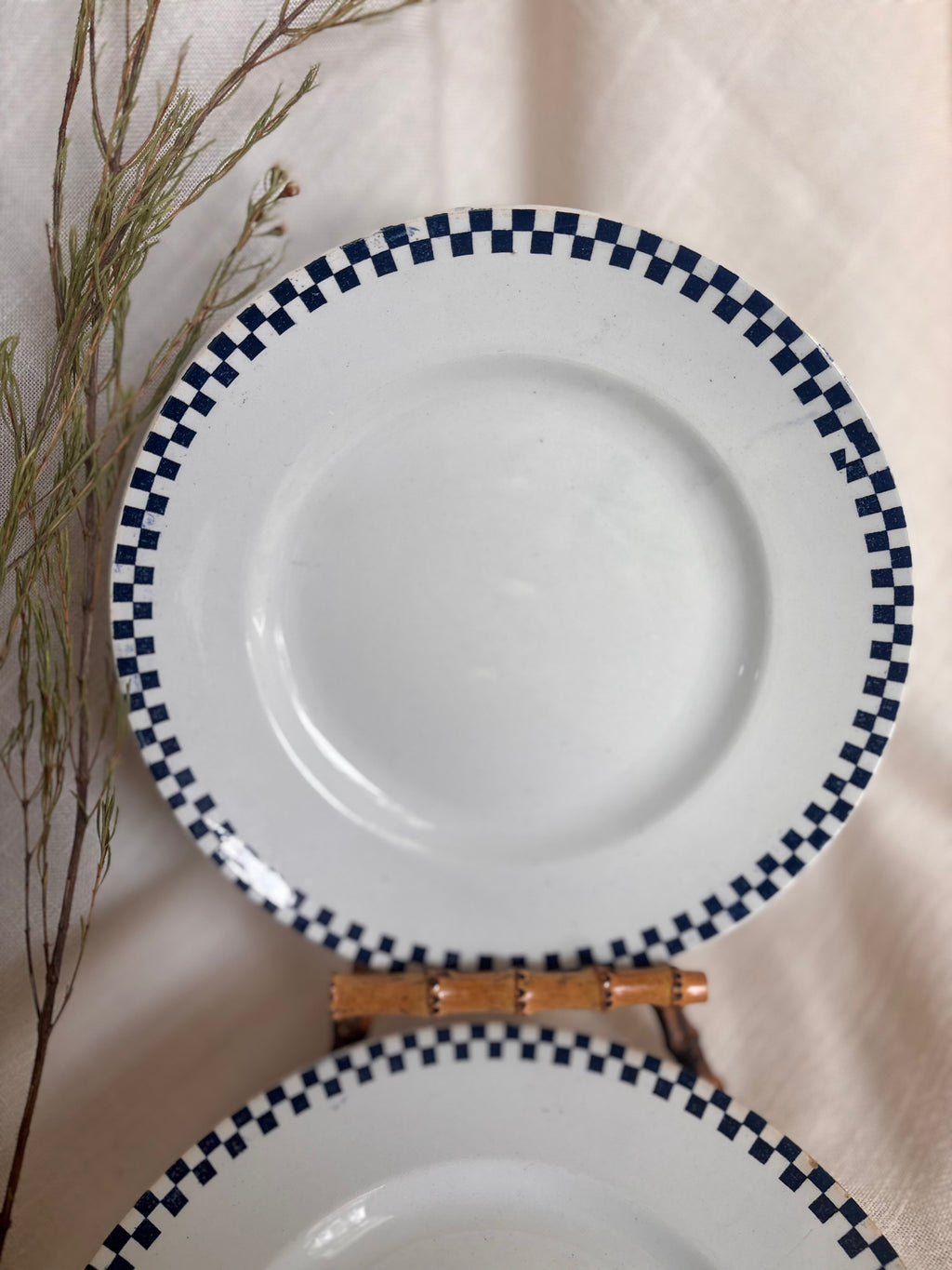 Set of Six Antique St. Amand “Damier” Transferware Dinner Plates