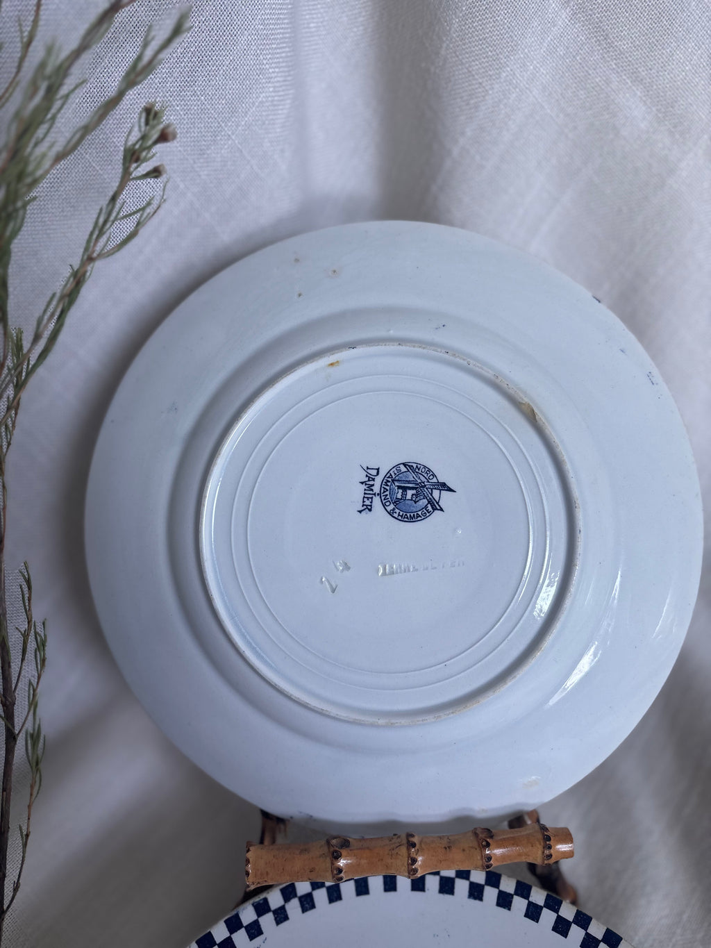 Set of Six Antique St. Amand “Damier” Transferware Dinner Plates