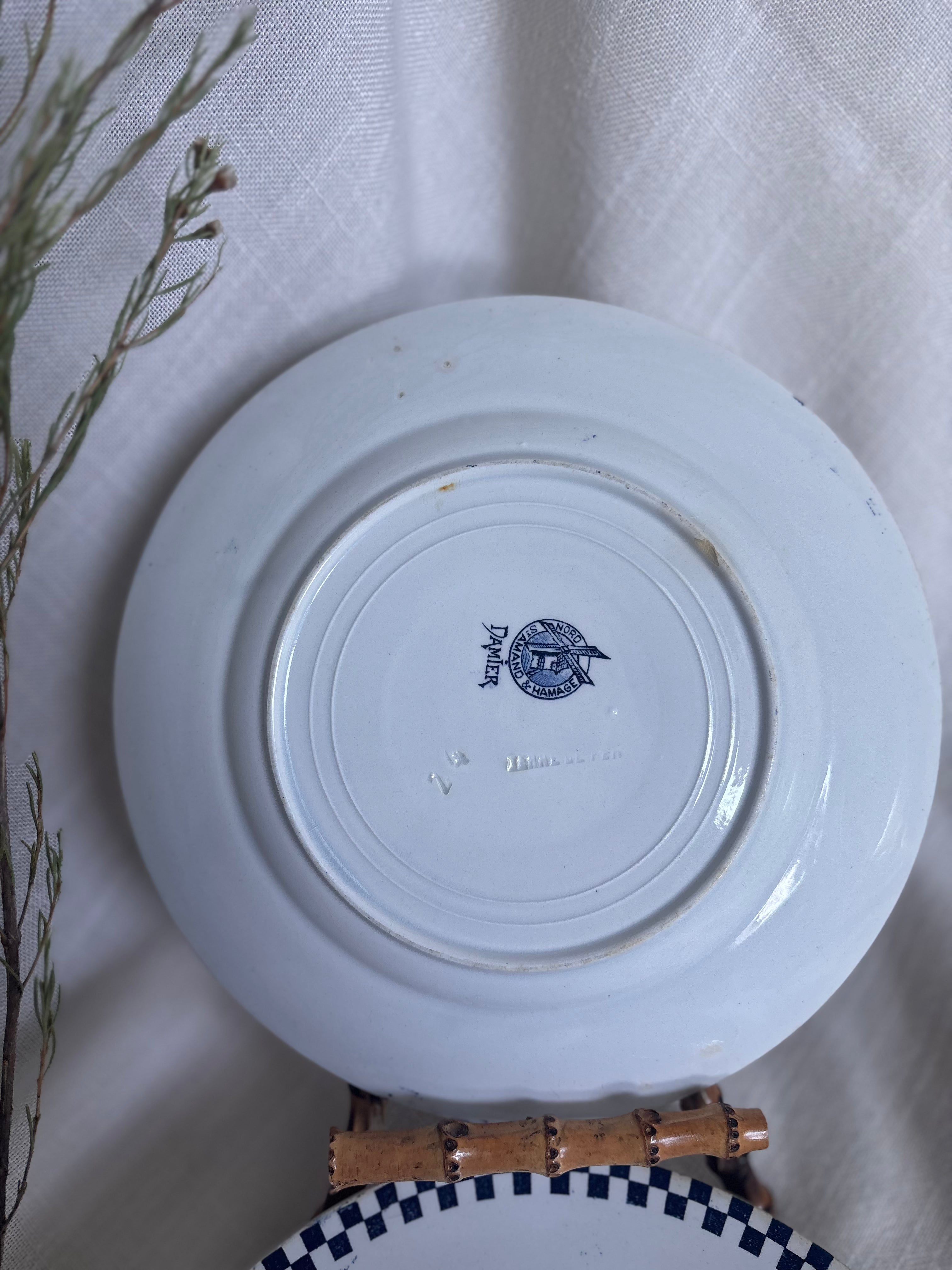 Set of Six Antique St. Amand “Damier” Transferware Dinner Plates