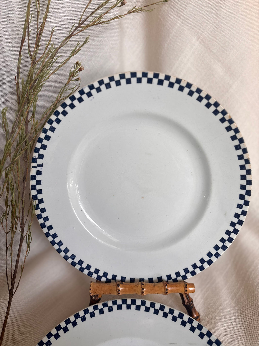 Set of Six Antique St. Amand “Damier” Transferware Dinner Plates