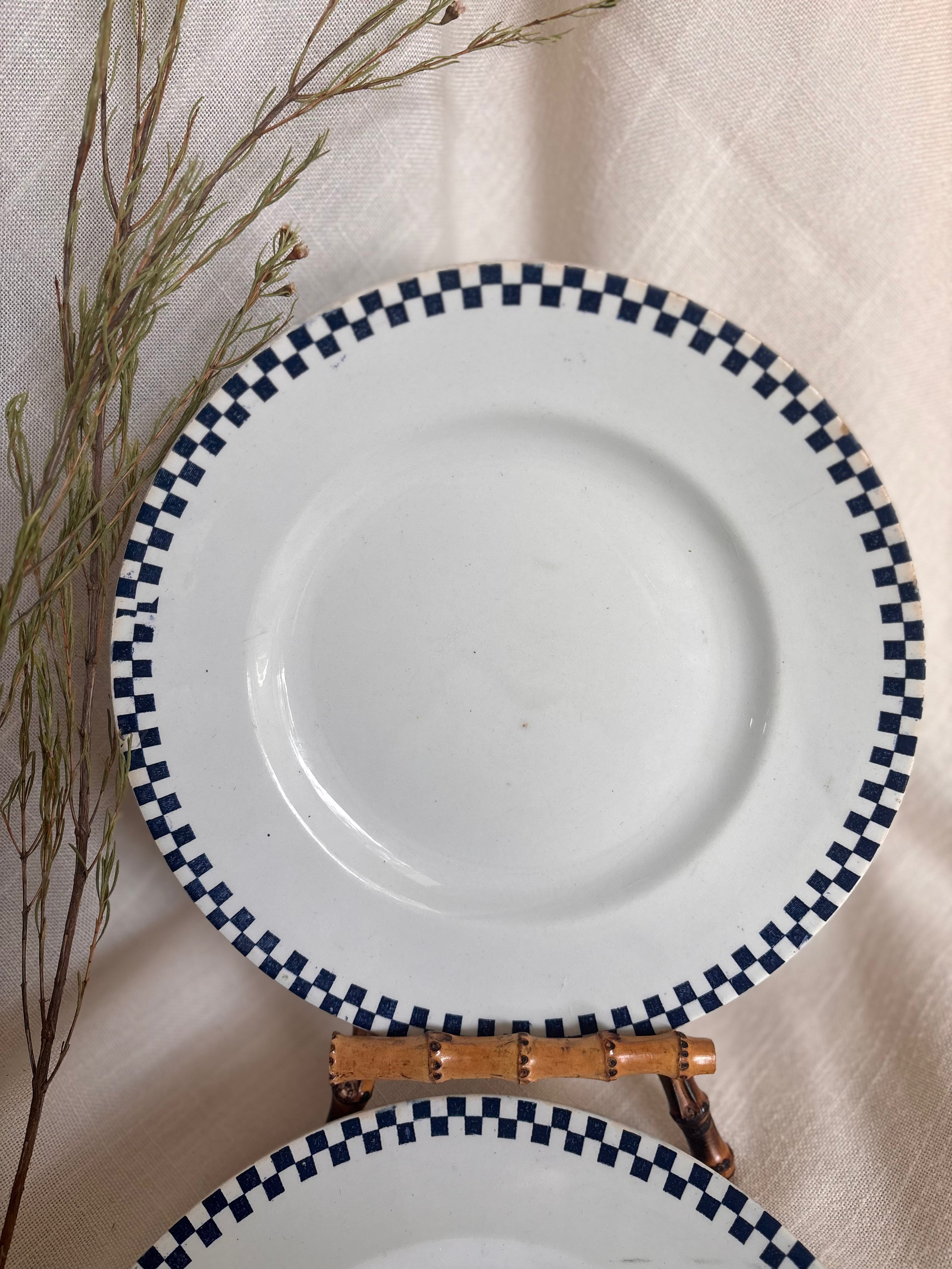 Set of Six Antique St. Amand “Damier” Transferware Dinner Plates