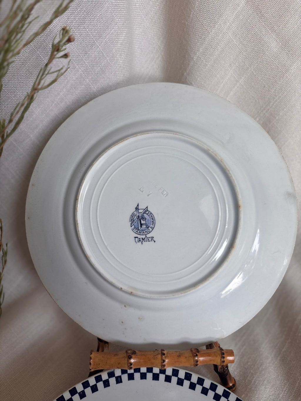 Set of Six Antique St. Amand “Damier” Transferware Dinner Plates