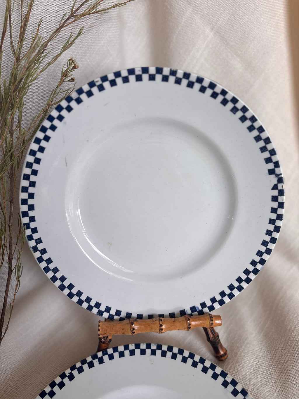 Set of Six Antique St. Amand “Damier” Transferware Dinner Plates