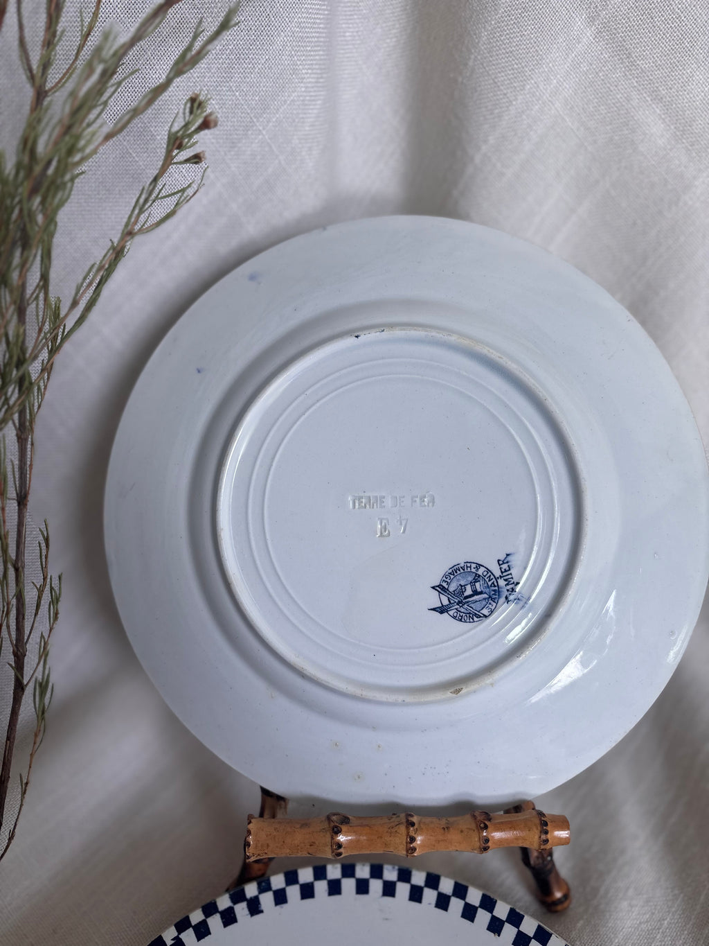 Set of Six Antique St. Amand “Damier” Transferware Dinner Plates