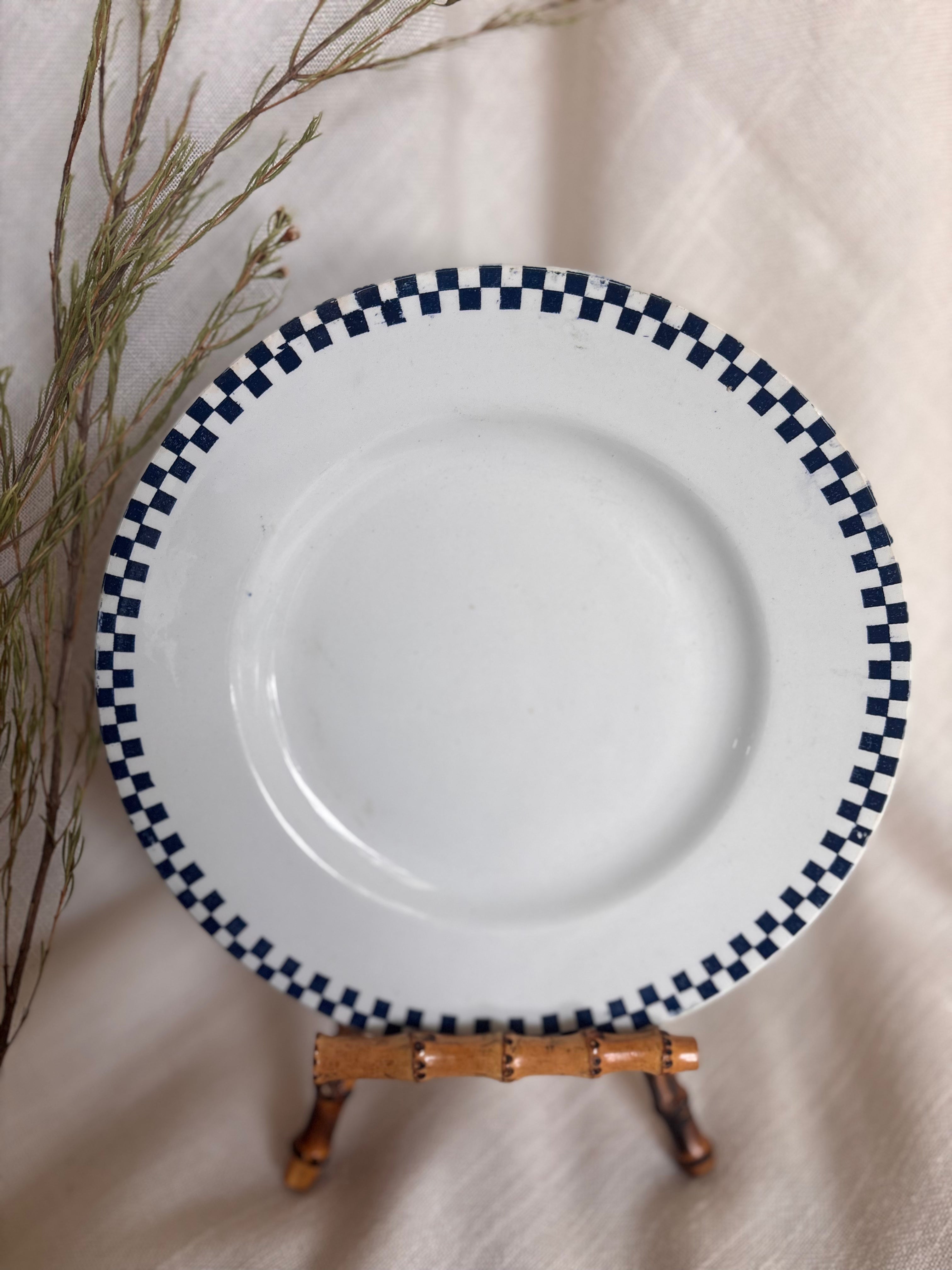 Set of Six Antique St. Amand “Damier” Transferware Dinner Plates
