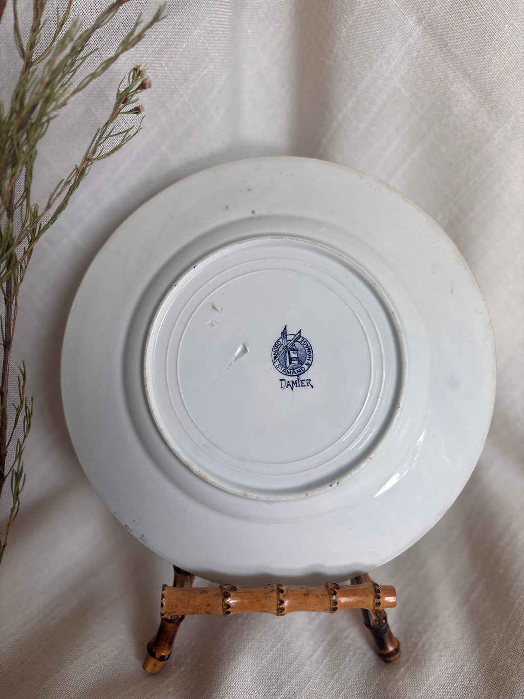 Set of Six Antique St. Amand “Damier” Transferware Dinner Plates