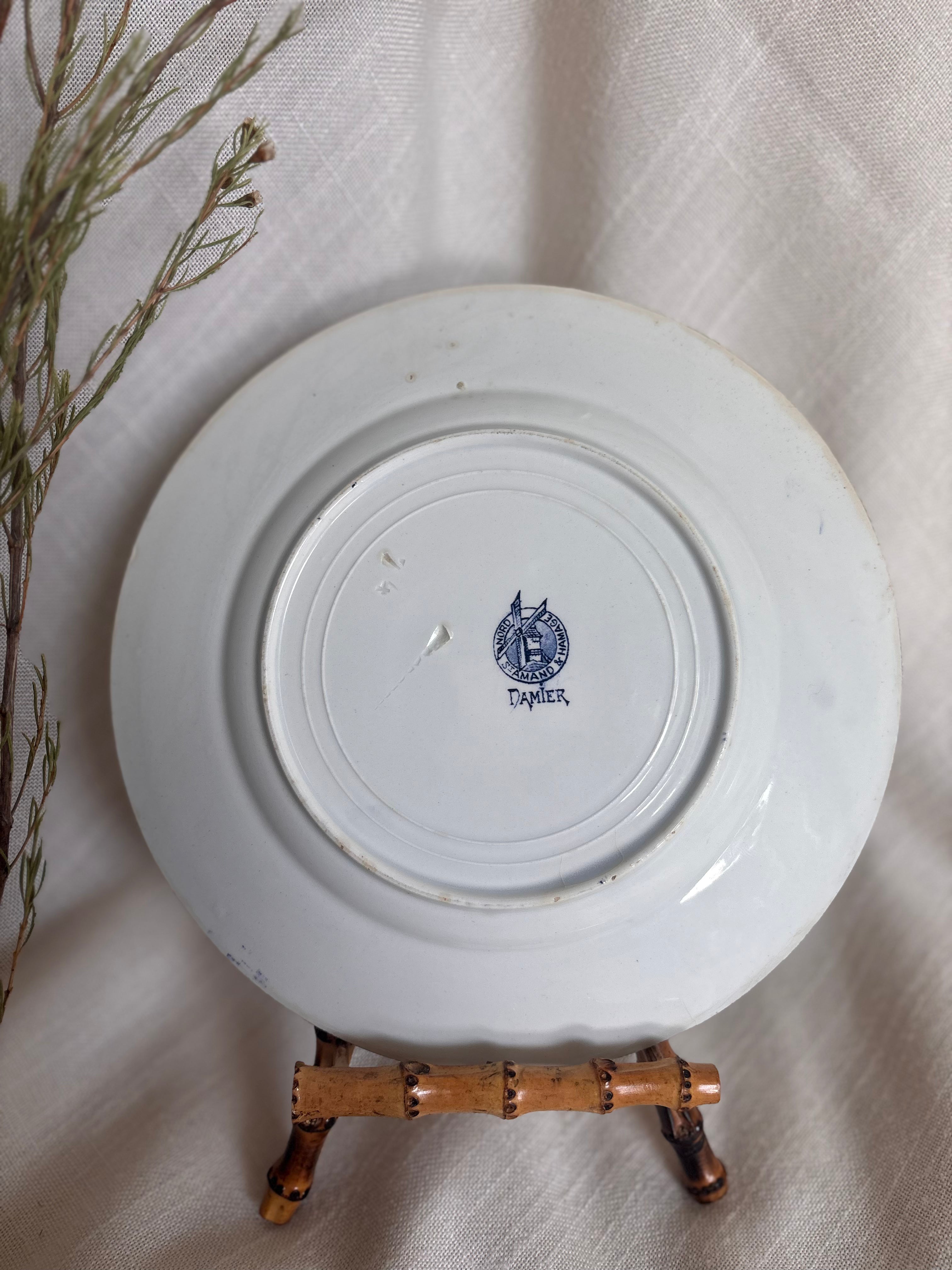 Set of Six Antique St. Amand “Damier” Transferware Dinner Plates