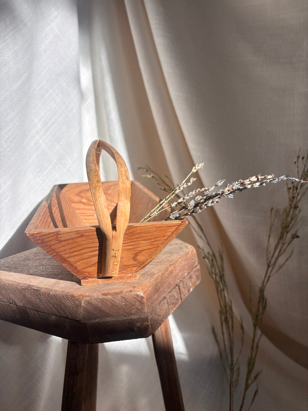 Vintage French Wooden Trug Basket with Split Bentwood Handle