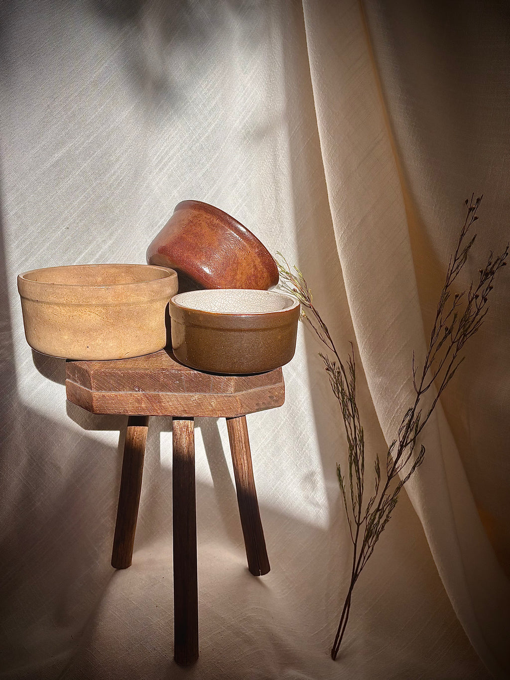 Vintage French Light Brown + Deep Iron-Brown Stoneware Confiture Bowls