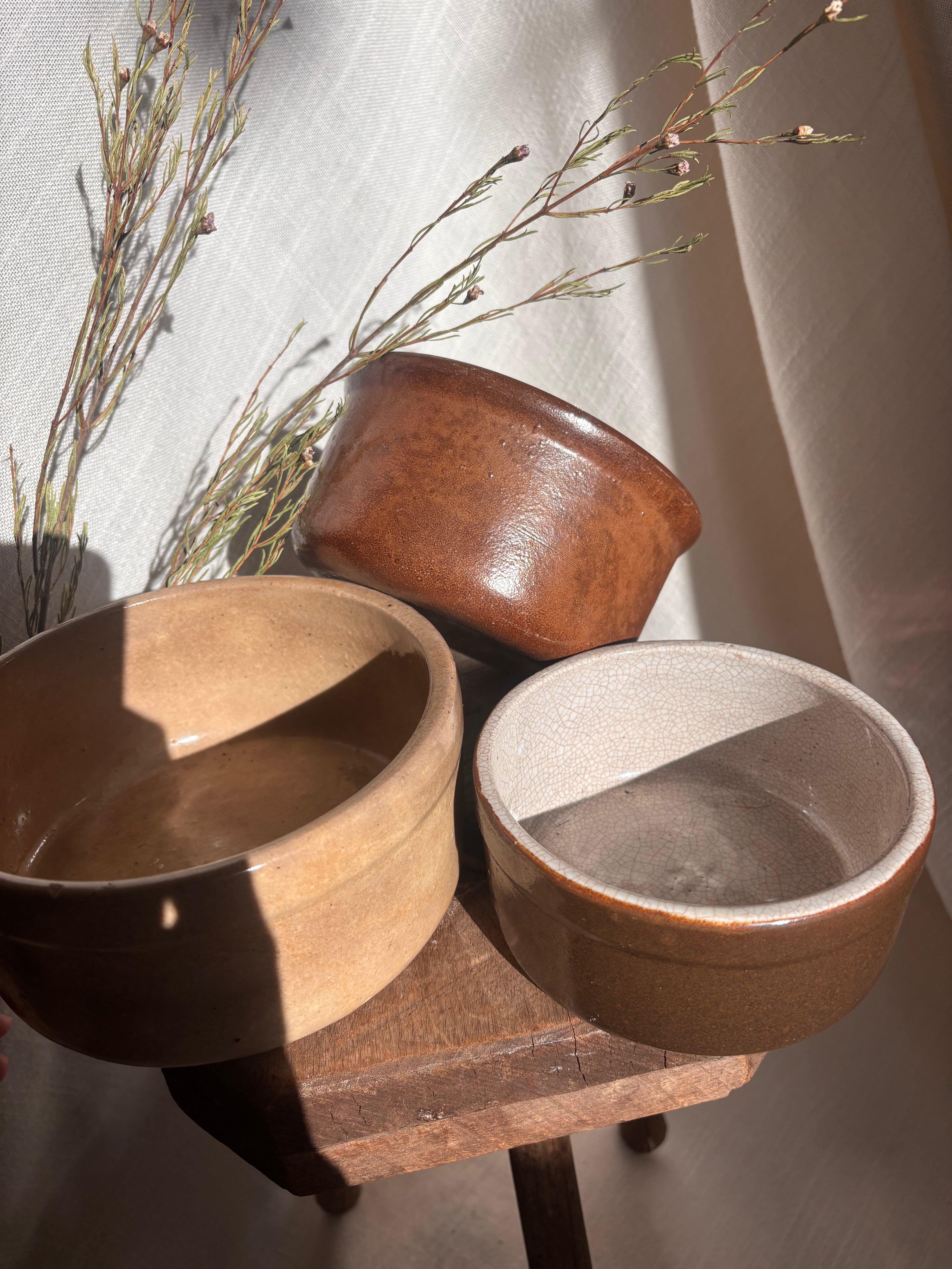 Vintage French Light Brown + Deep Iron-Brown Stoneware Confiture Bowls