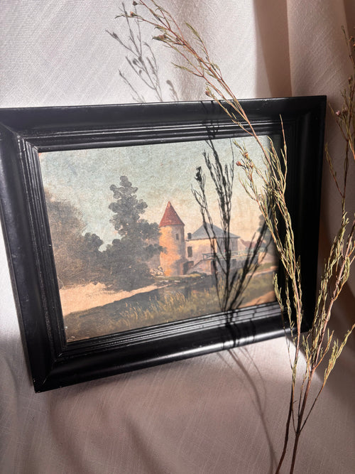 Antique 19th Century French River Landscape Oil on Canvas in Vintage Dutch Frame
