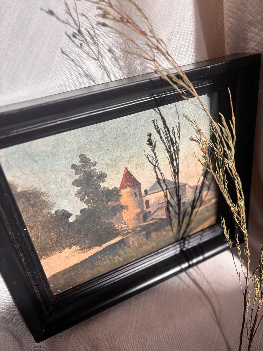 Antique 19th Century French River Landscape Oil on Canvas in Vintage Dutch Frame