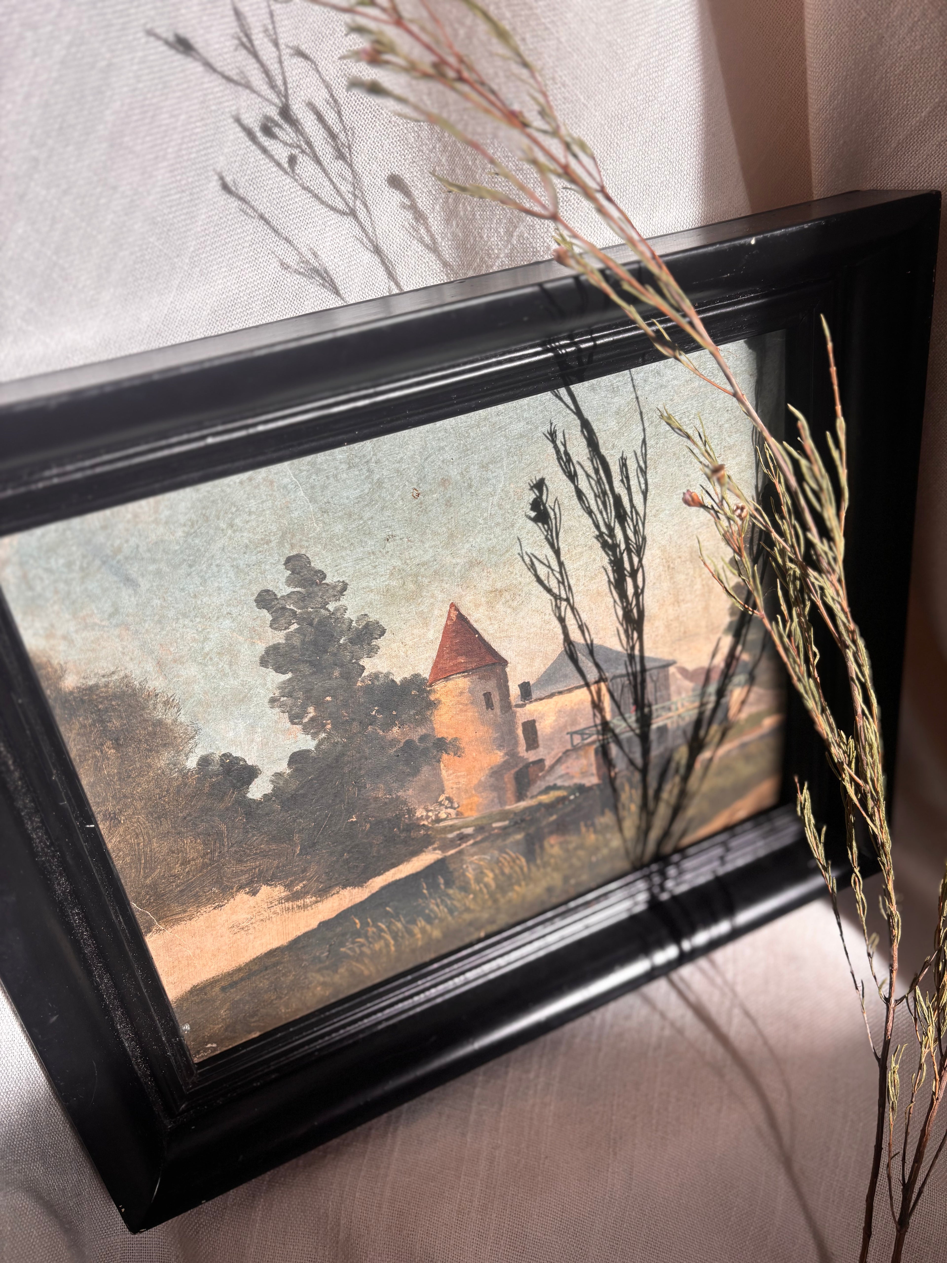 Antique 19th Century French River Landscape Oil on Canvas in Vintage Dutch Frame