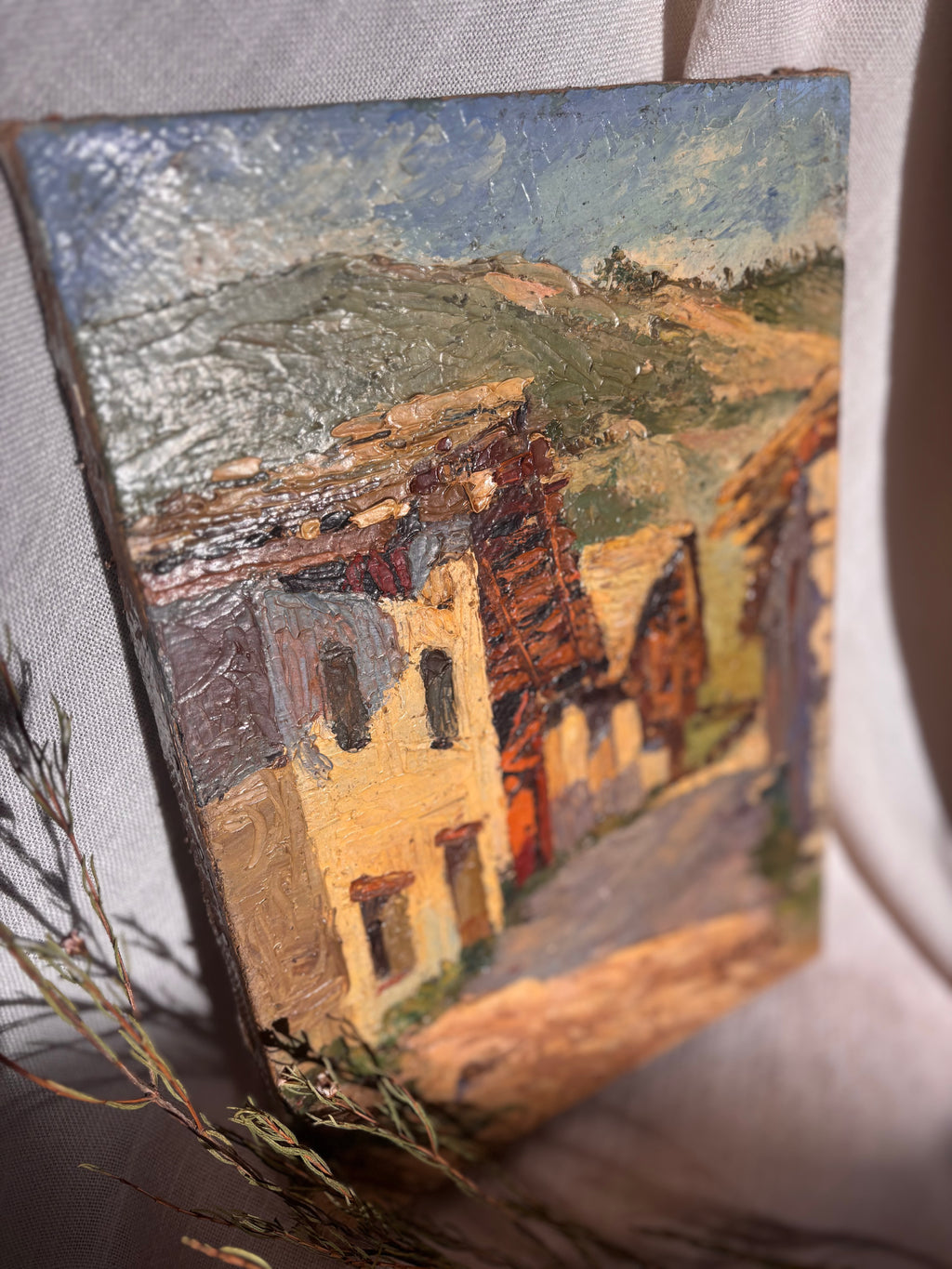 Vintage French Village Scene Oil Painting on Canvas, 1948