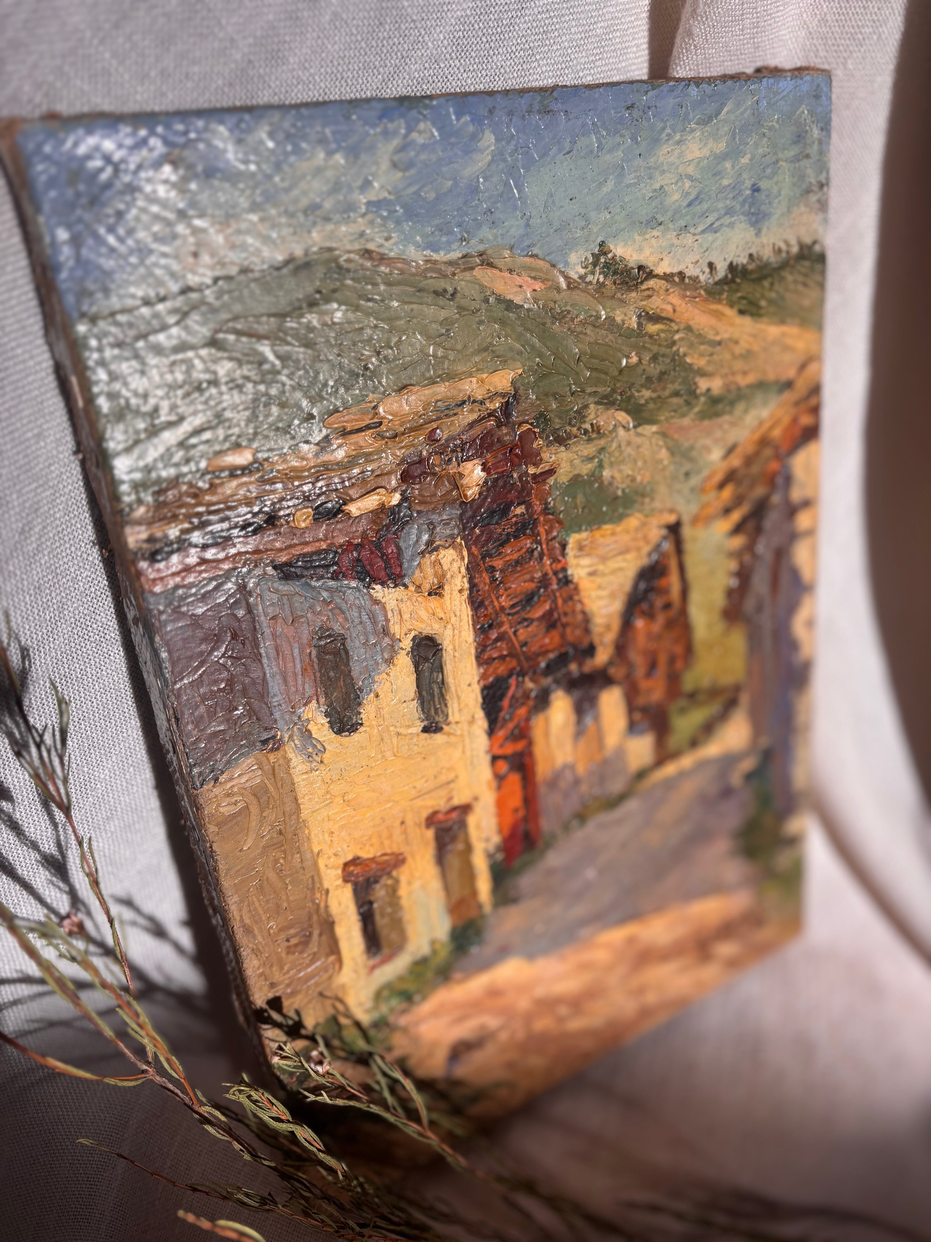 Vintage French Village Scene Oil Painting on Canvas, 1948