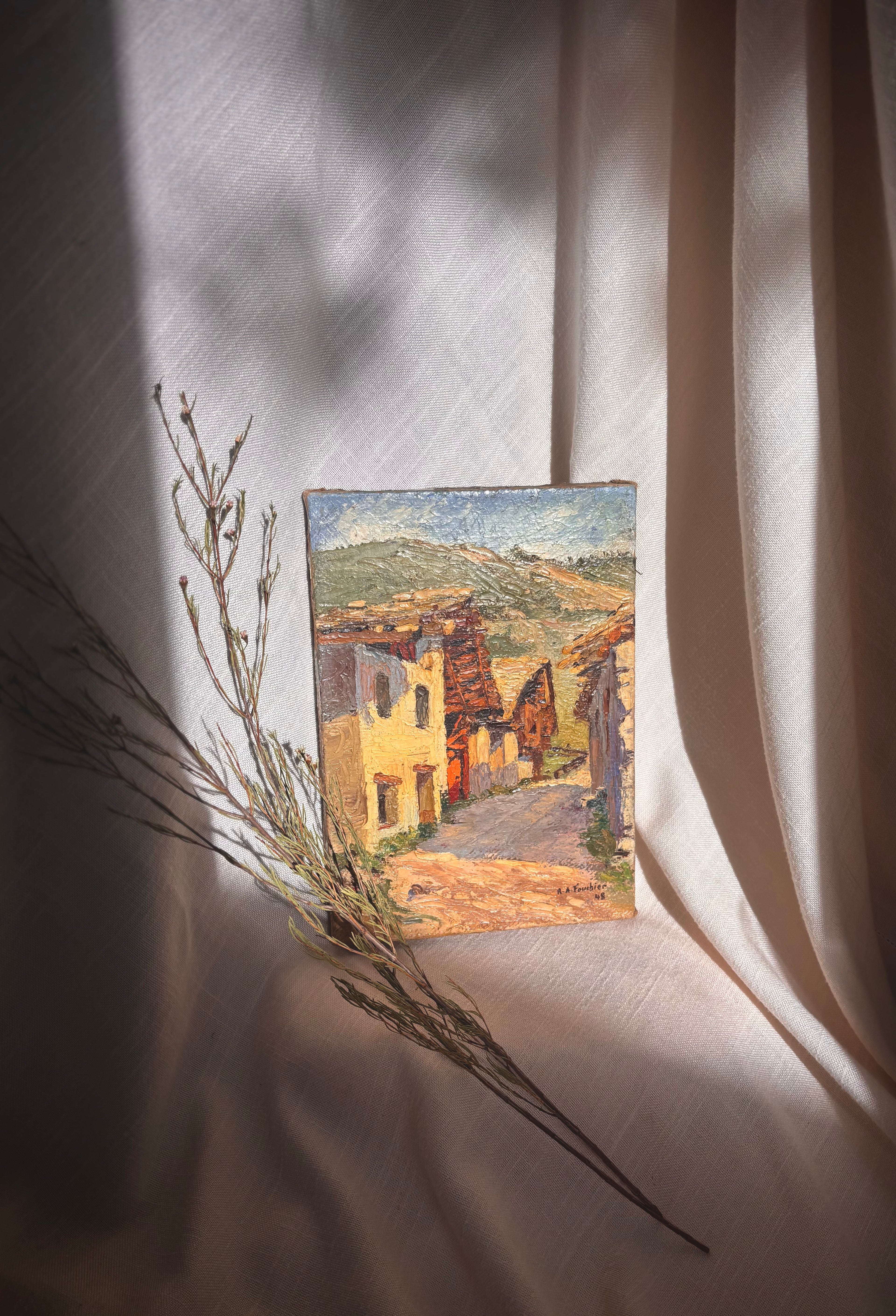 Vintage French Village Scene Oil Painting on Canvas, 1948