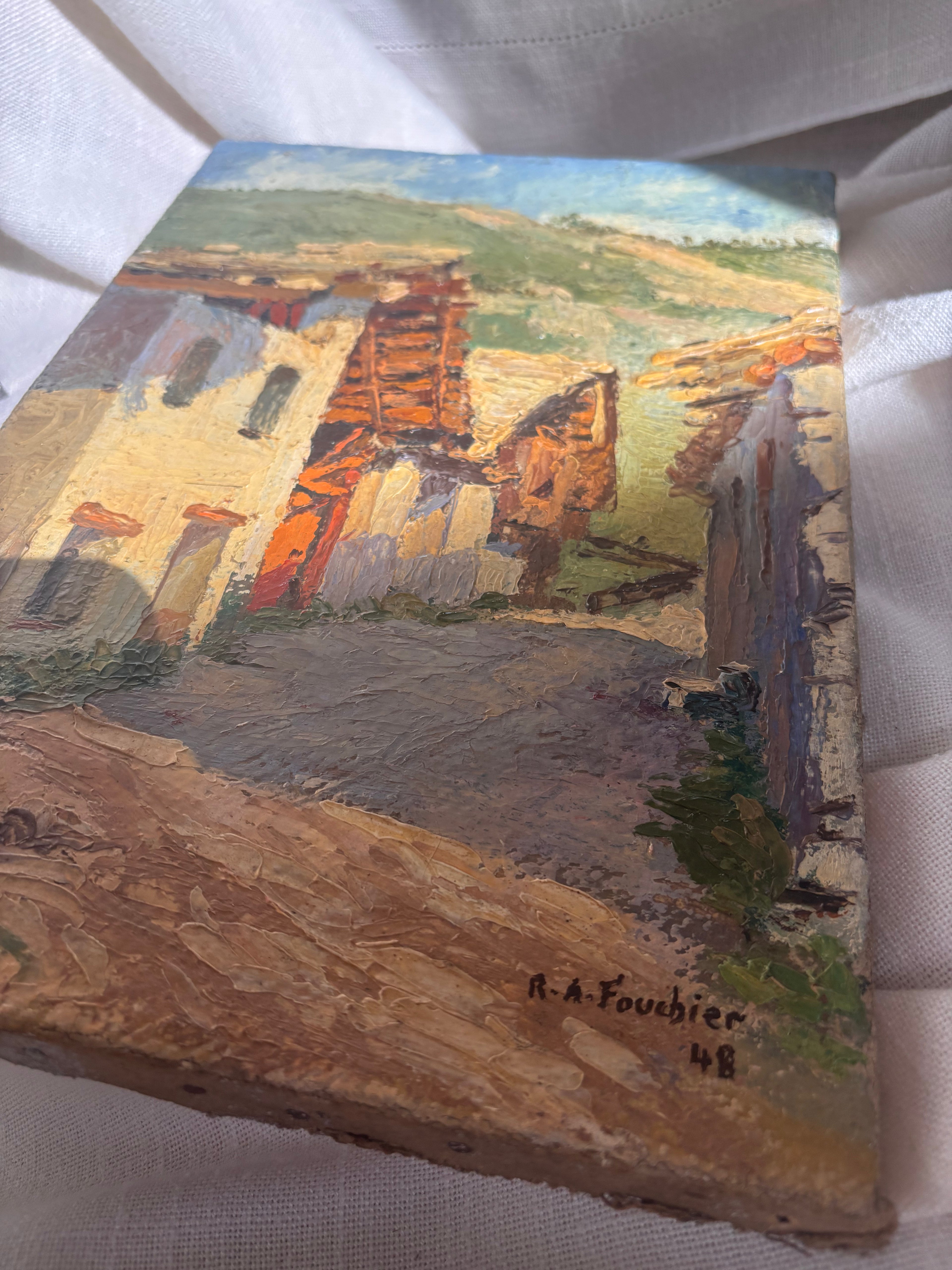 Vintage French Village Scene Oil Painting on Canvas, 1948